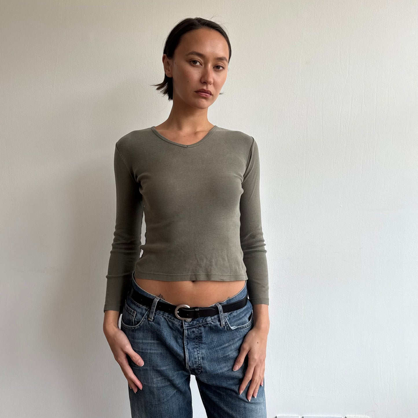 Khaki v-neck top - Size S