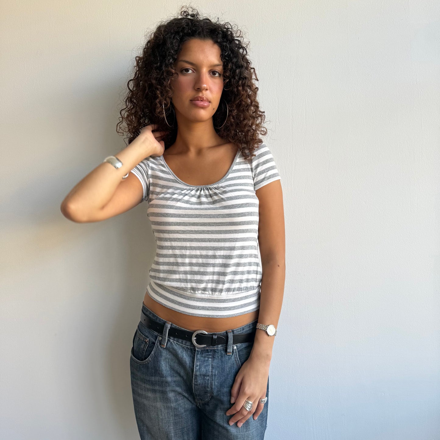 Grey + white stripe open back top - Size S