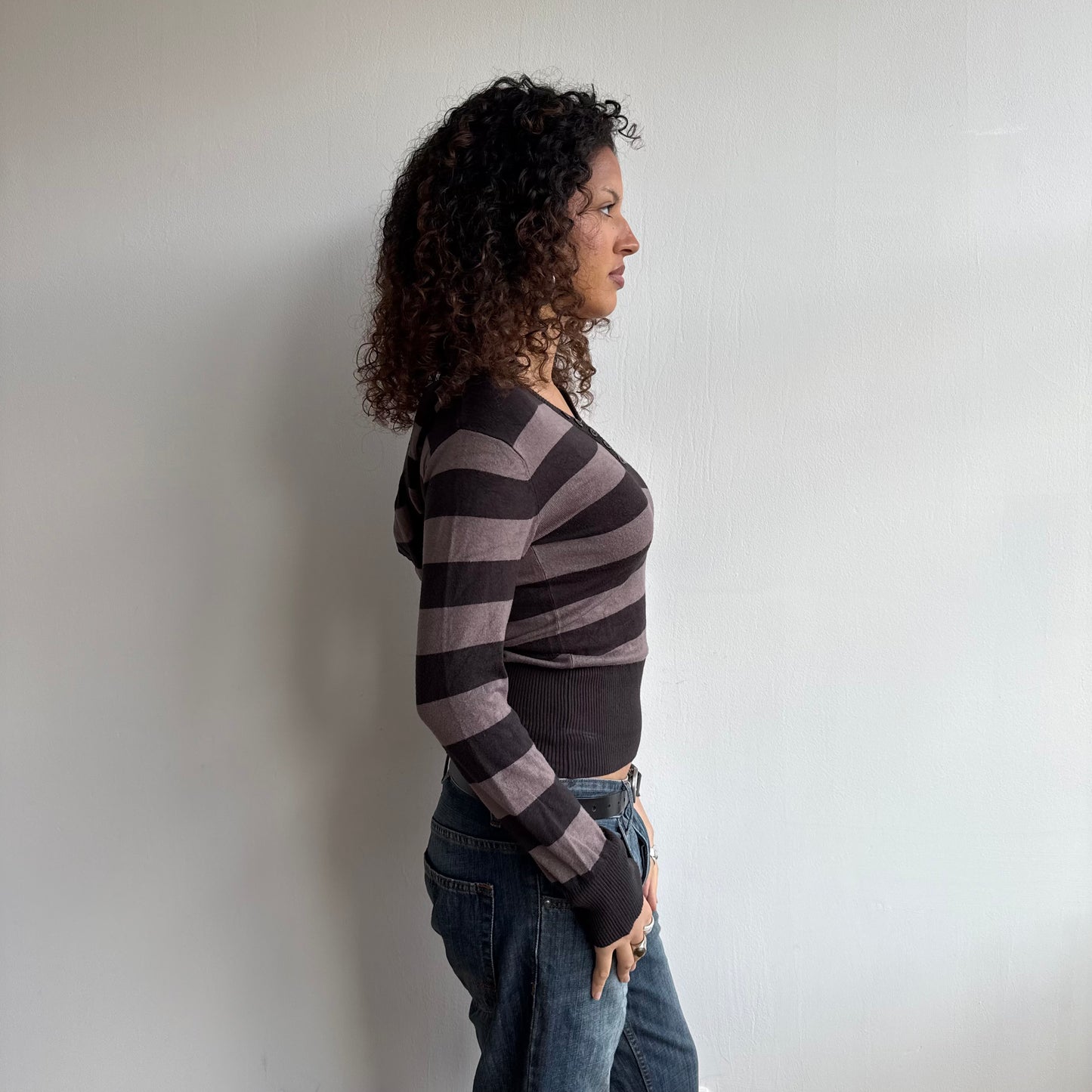 Brown striped knit hoodie - Size M-L