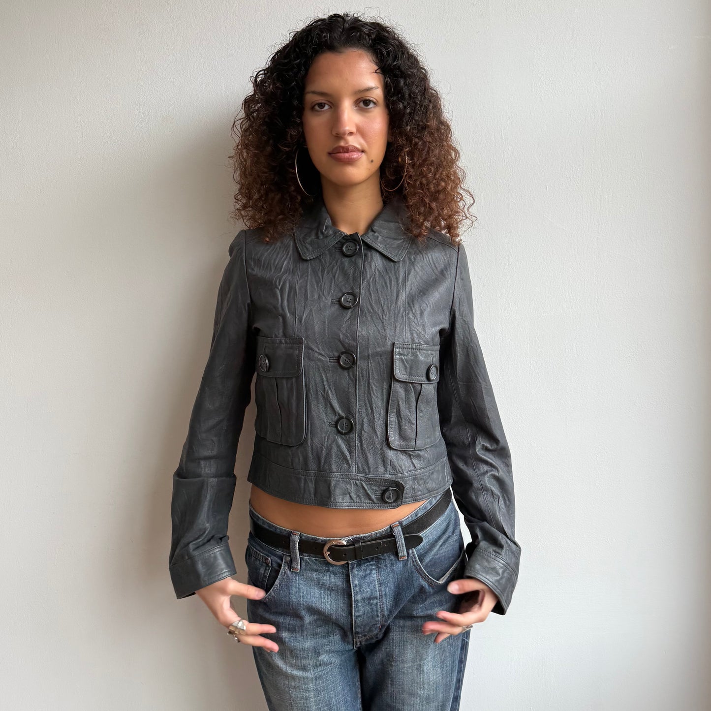 Charcoal leather button jacket - Size S + M