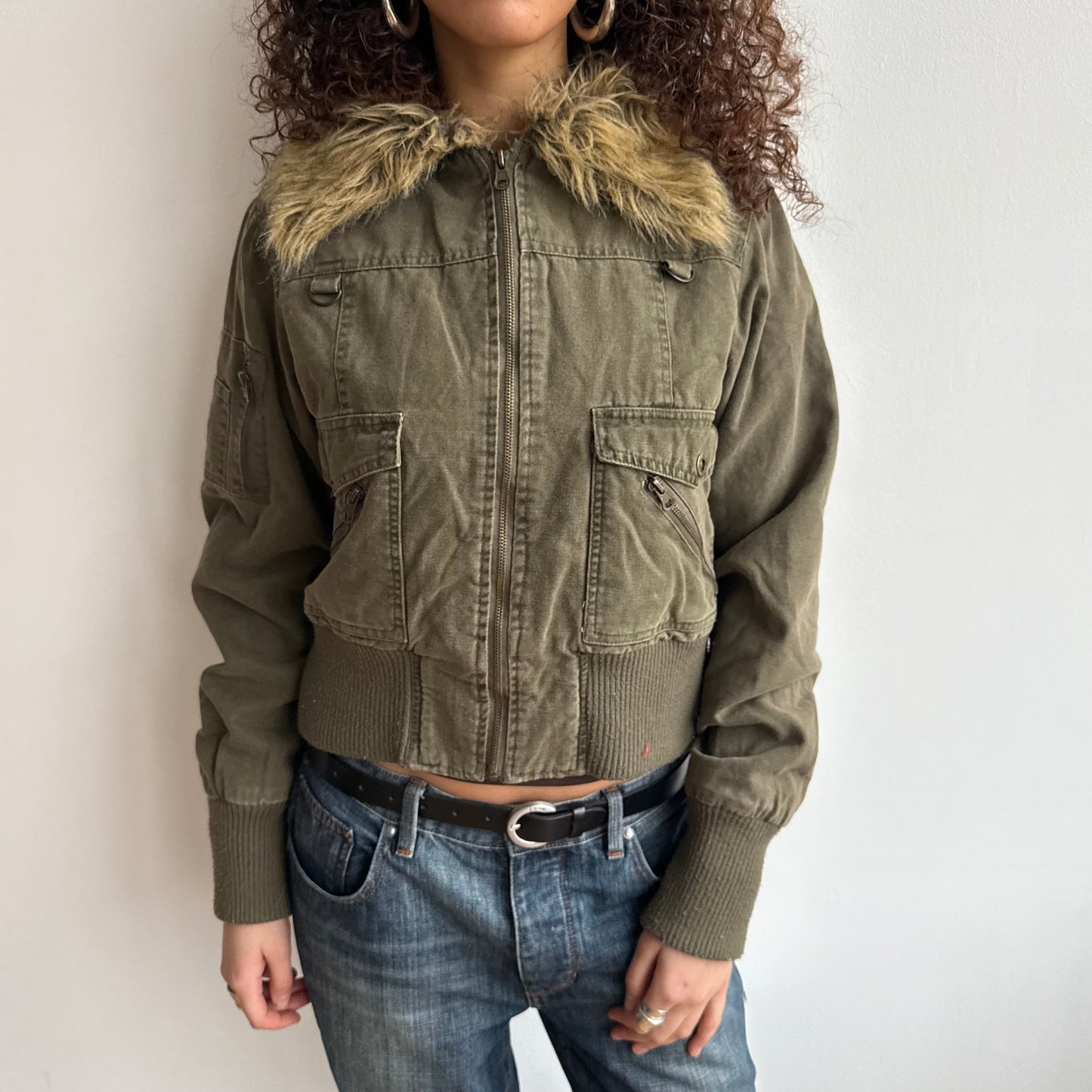 Khaki faux fur collar bomber - Size M