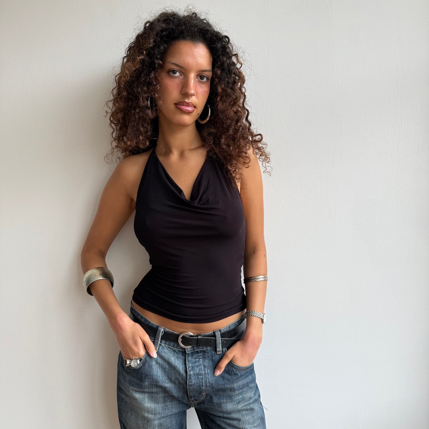 Brown cowl neck slinky top - Size S