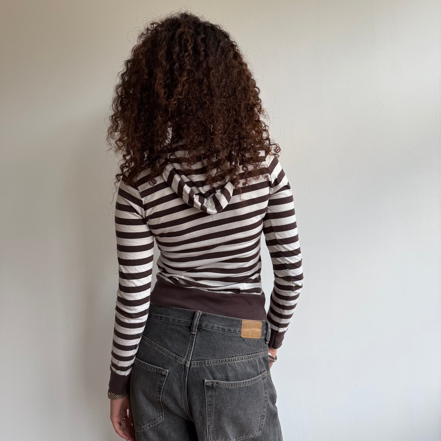 Brown + white striped hooded top - Size S