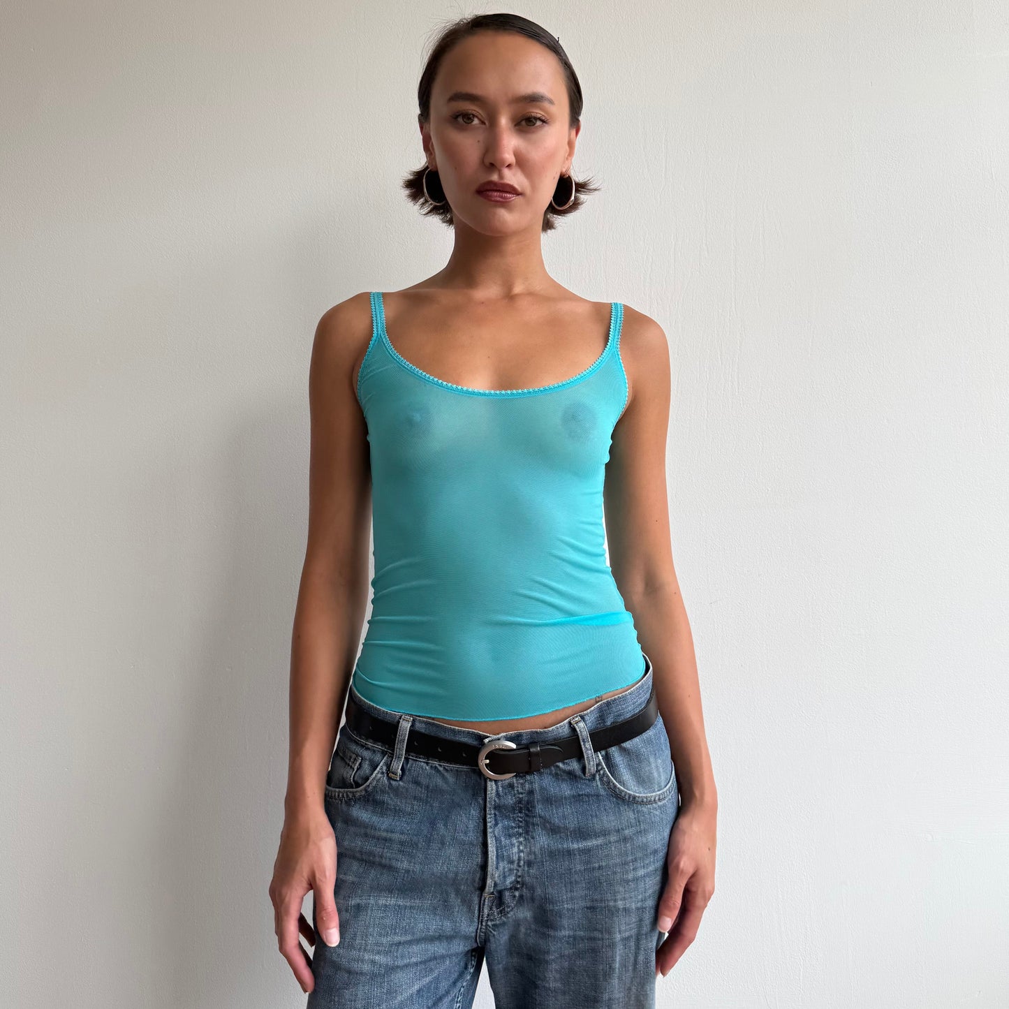 Turquoise sheer lace trim cami - Size S