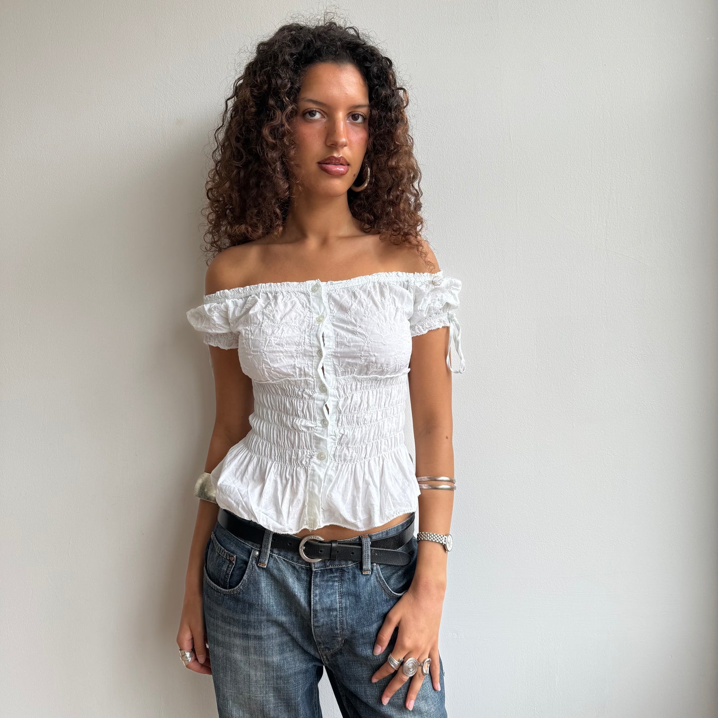 White broderie milkmaid top - Size S