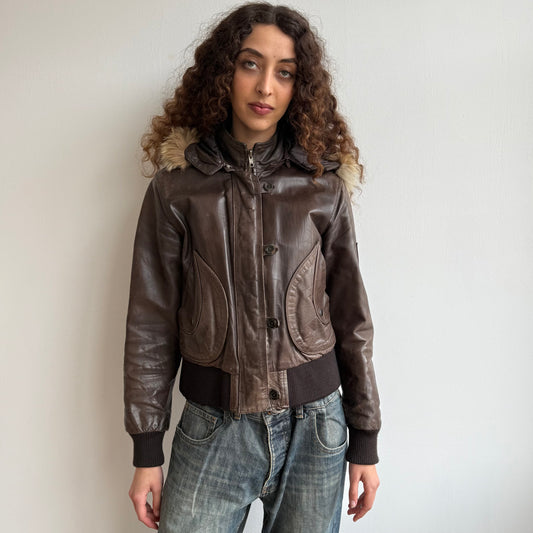 Brown leather fur hood bomber - Size M