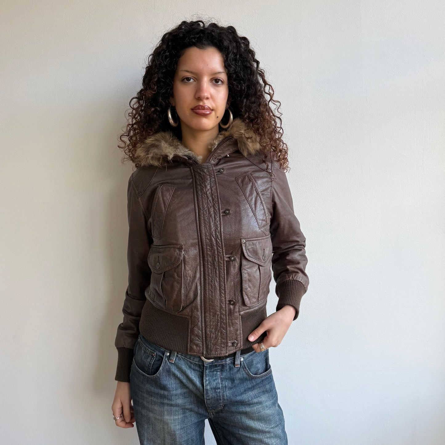 Brown leather fur hood bomber - Size M