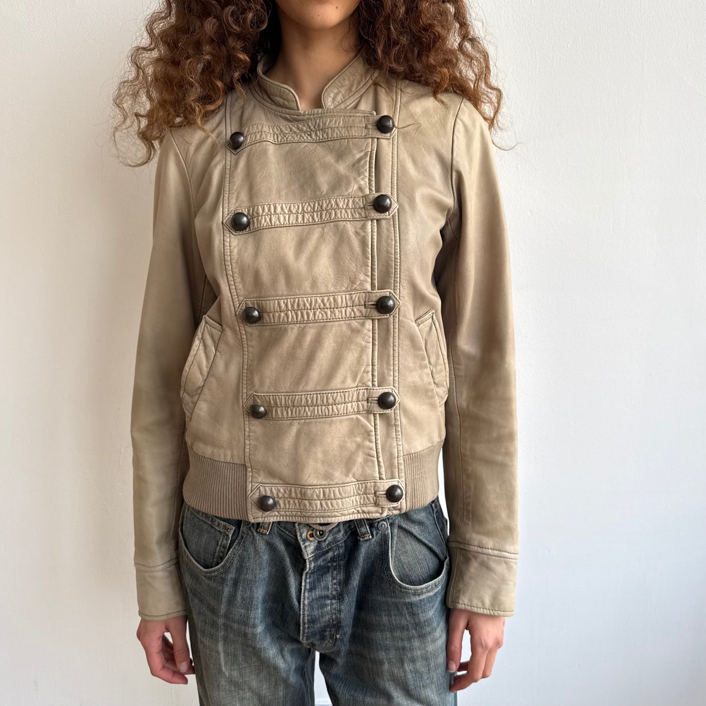 Beige leather military bomber - Size M