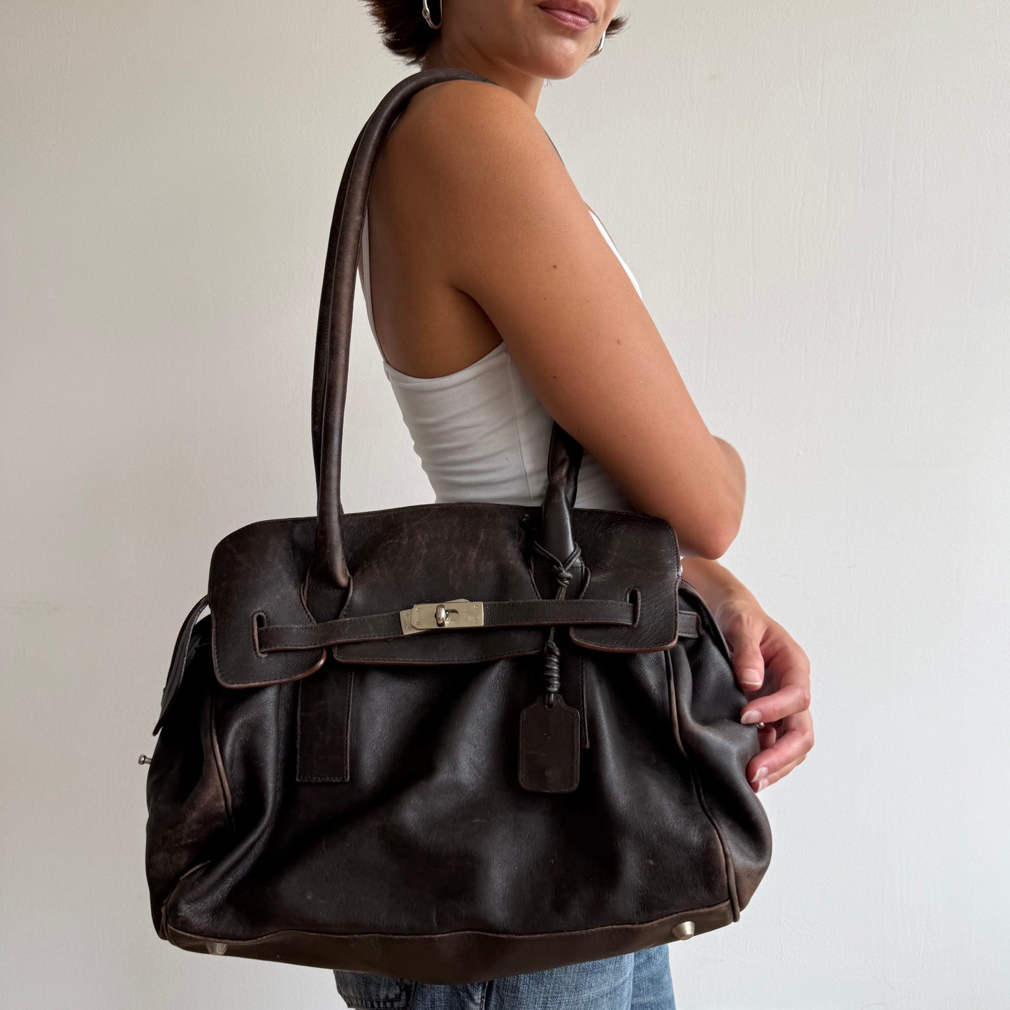 Brown leather firkin bag - One Size