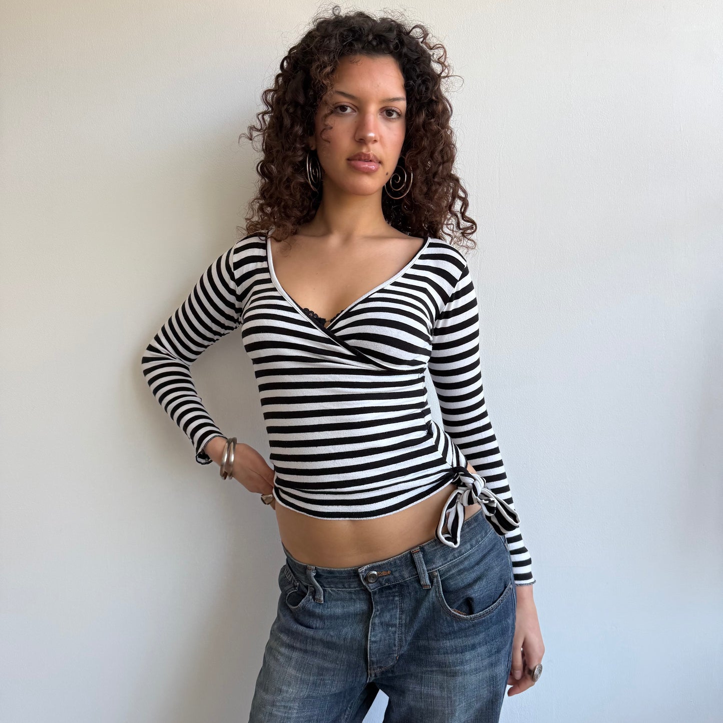 Black + white striped long sleeve wrap top - Size S