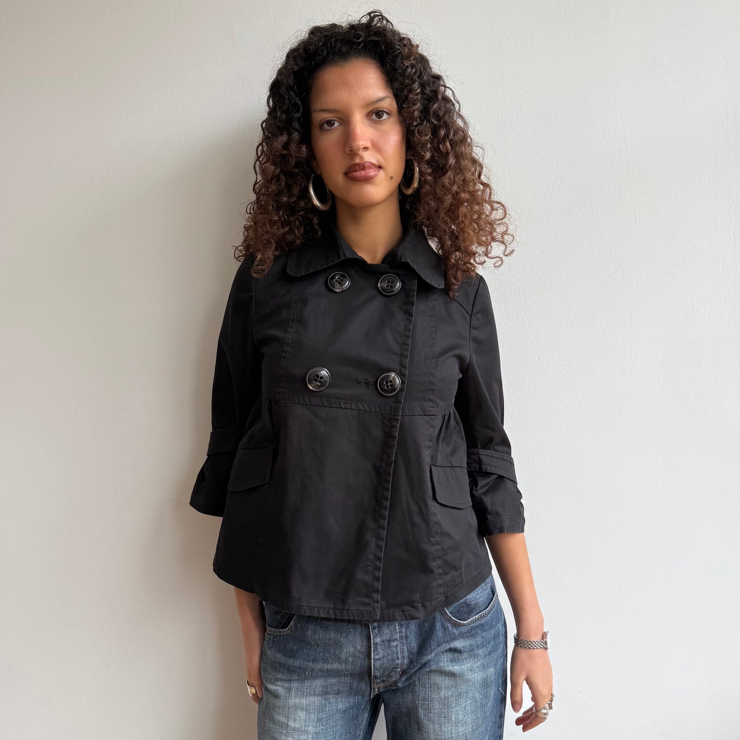 Black 3/4 sleeve trench peacoat - Size M