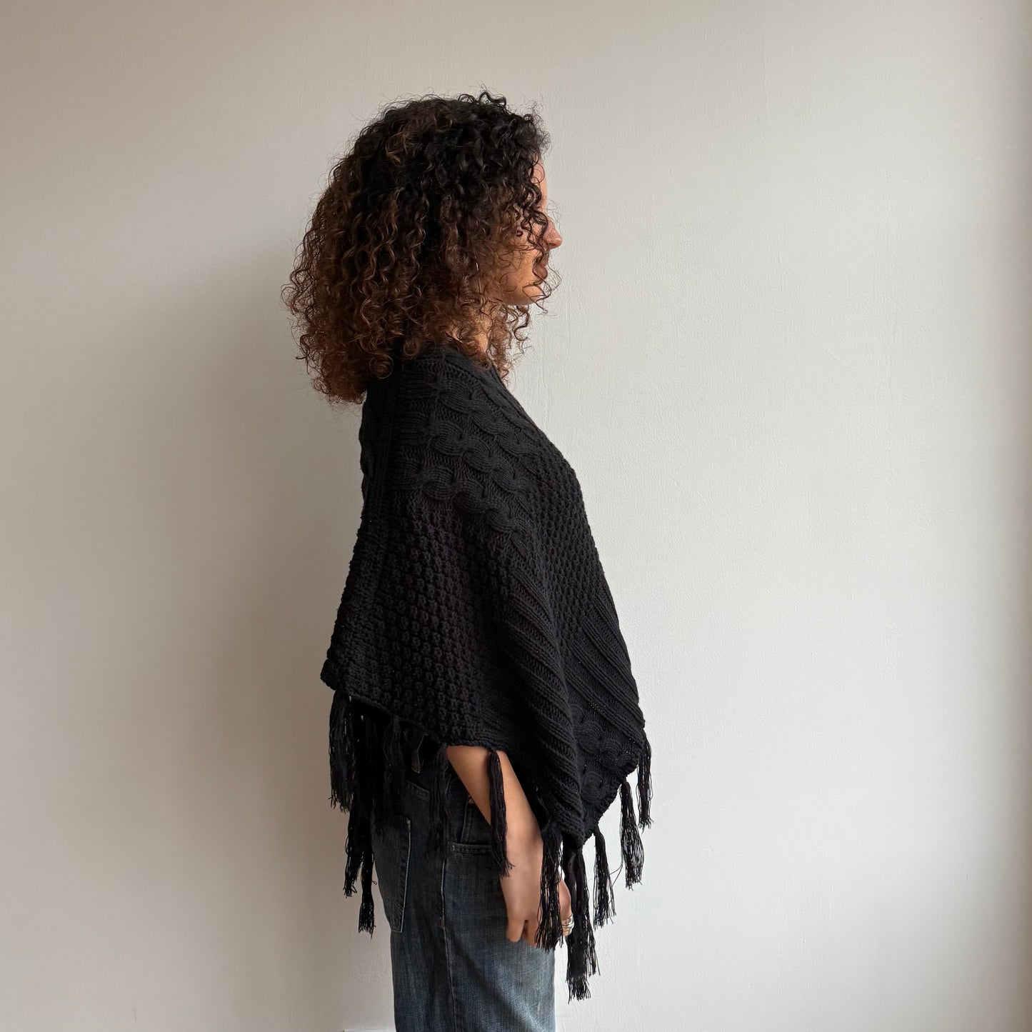 Black chunky knit tassel poncho - One Size