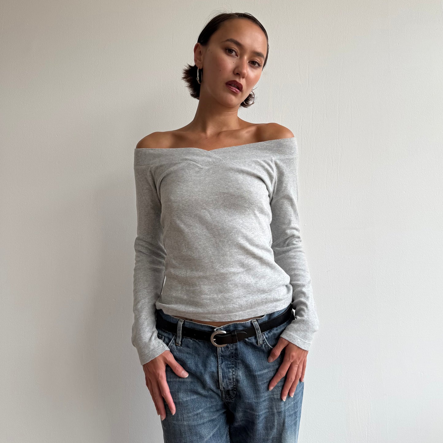 Grey long sleeve Bardot top - Size M