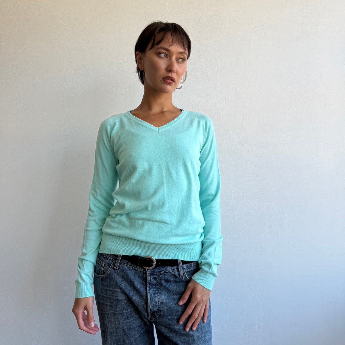 Turquoise v-neck knit jumper - Size M