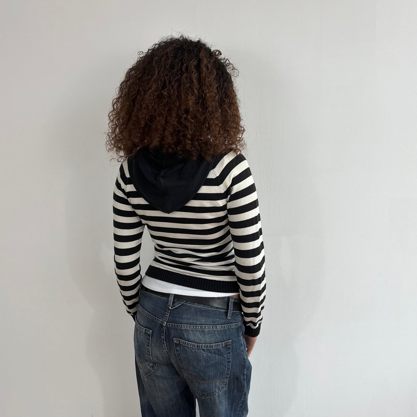 Black + white striped knit hoodie - Size S