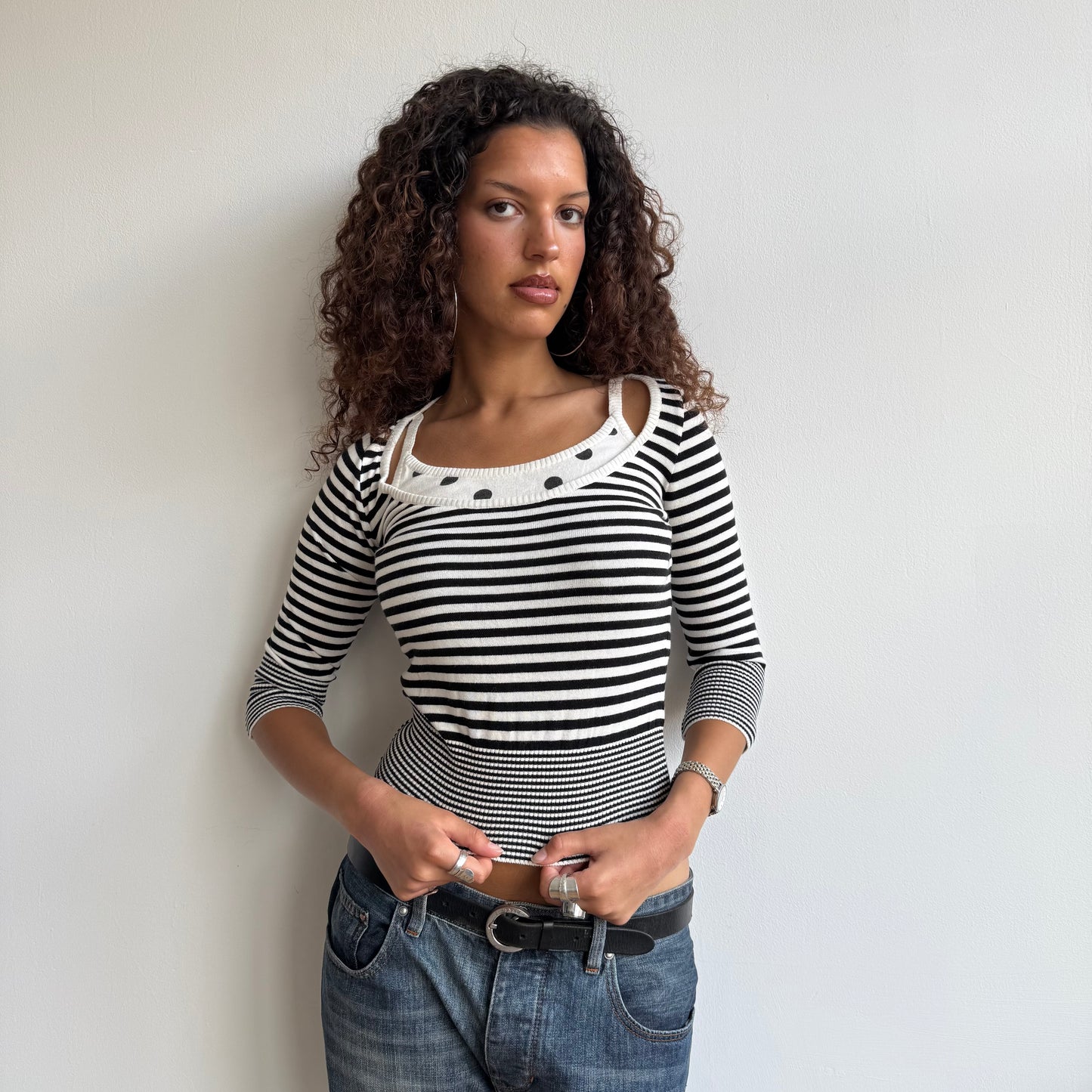 Black polka dot stripe knit - Size S