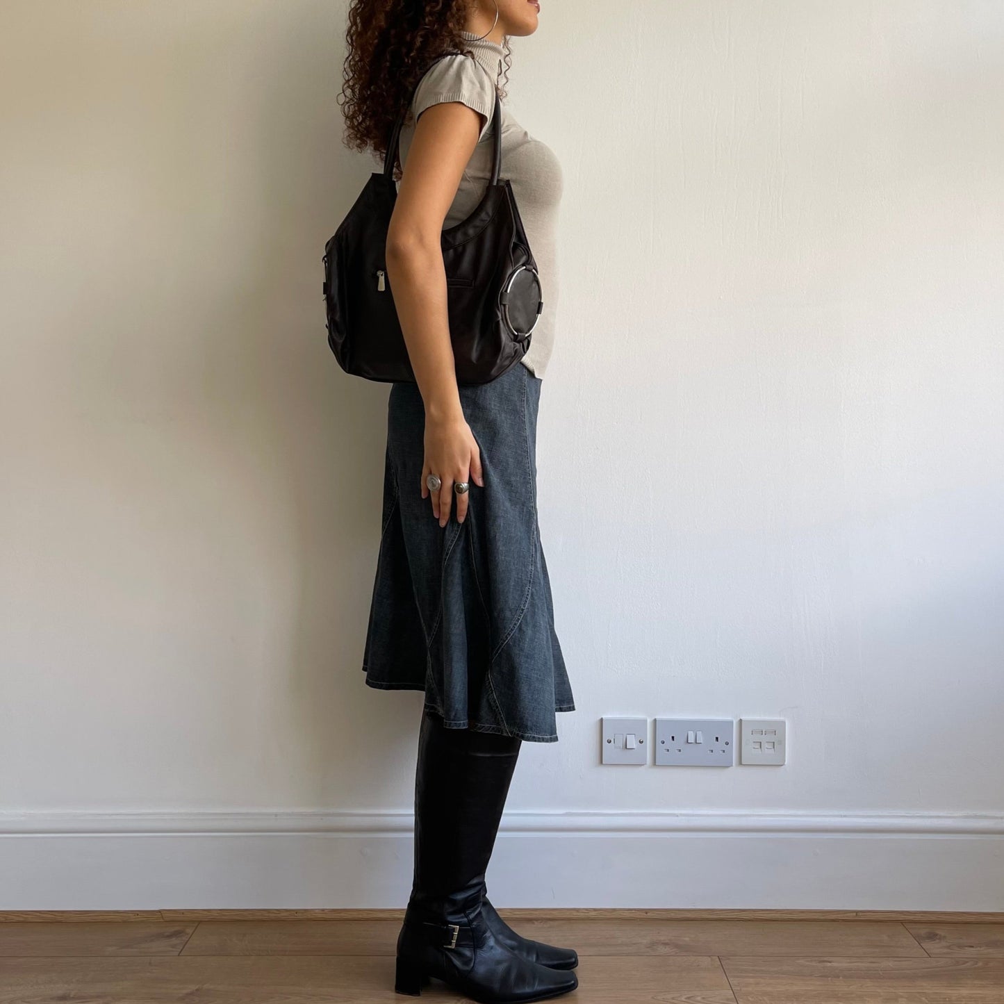 Brown leather ring hobo bag