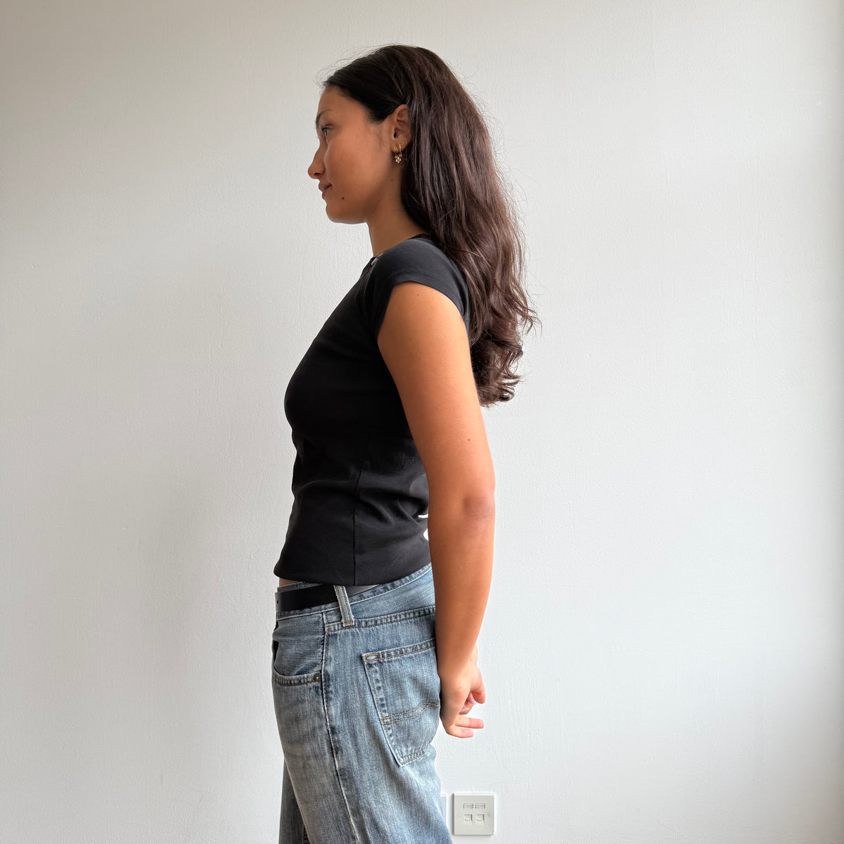 Black short sleeve button top - Size S