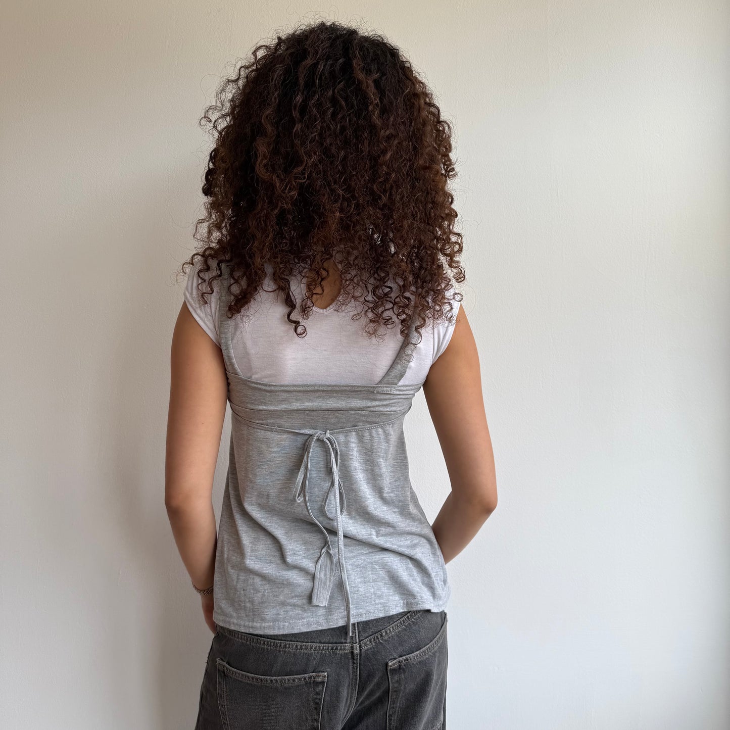 Grey + white dungaree top - Size S