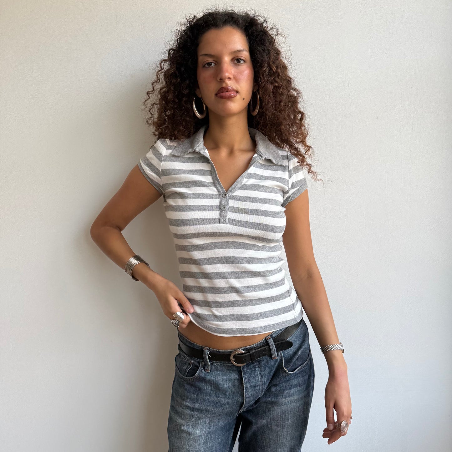 Grey + white striped polo - Size S/M