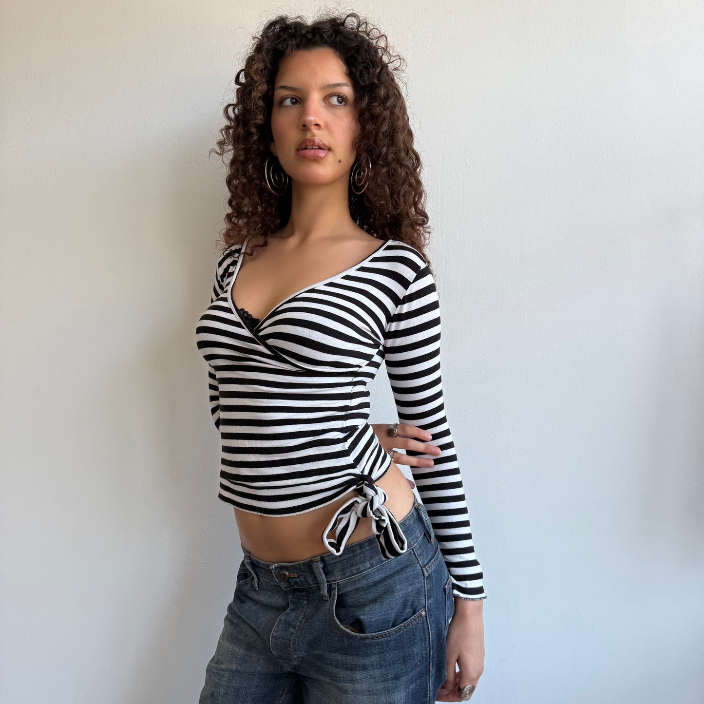 Black + white striped long sleeve wrap top - Size S