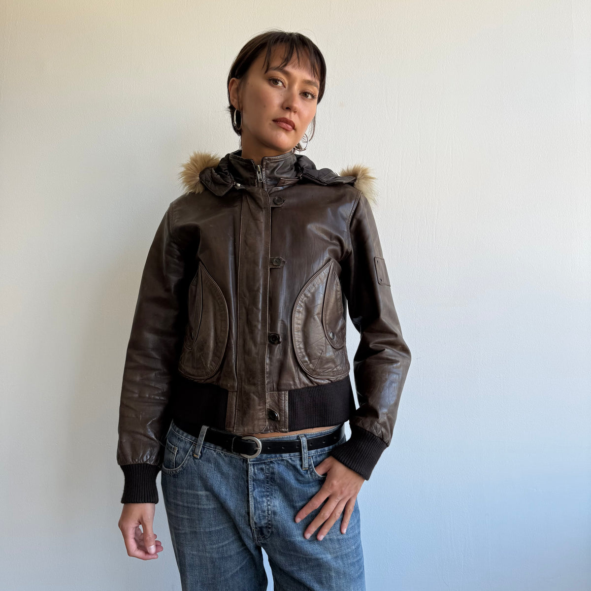 Brown leather fur hood bomber - Size M