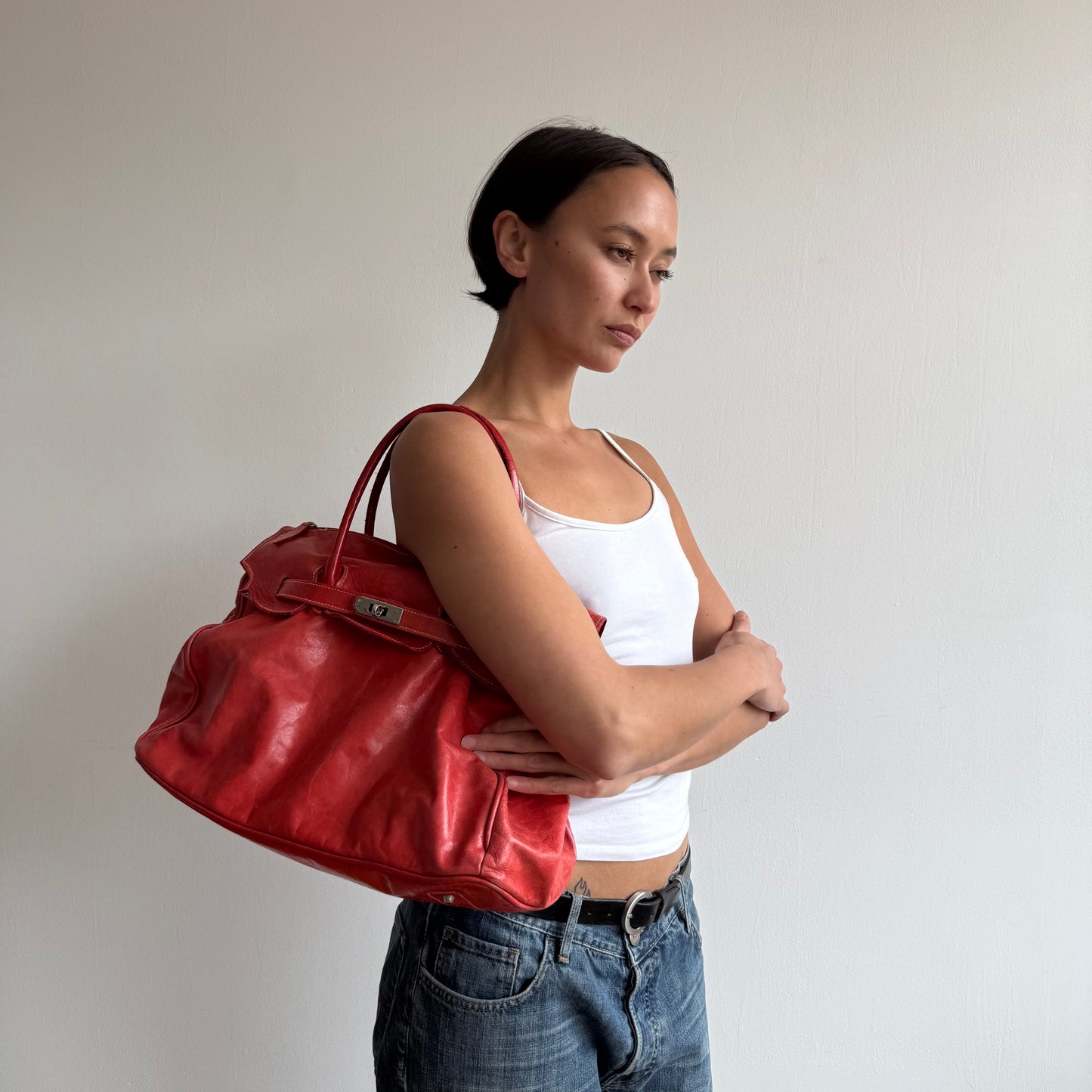 Red leather ‘firkin’ bag - One Size