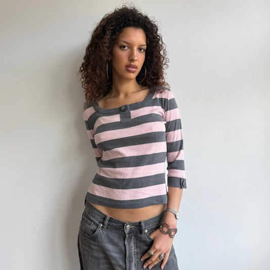 Grey + pink striped top - Size M