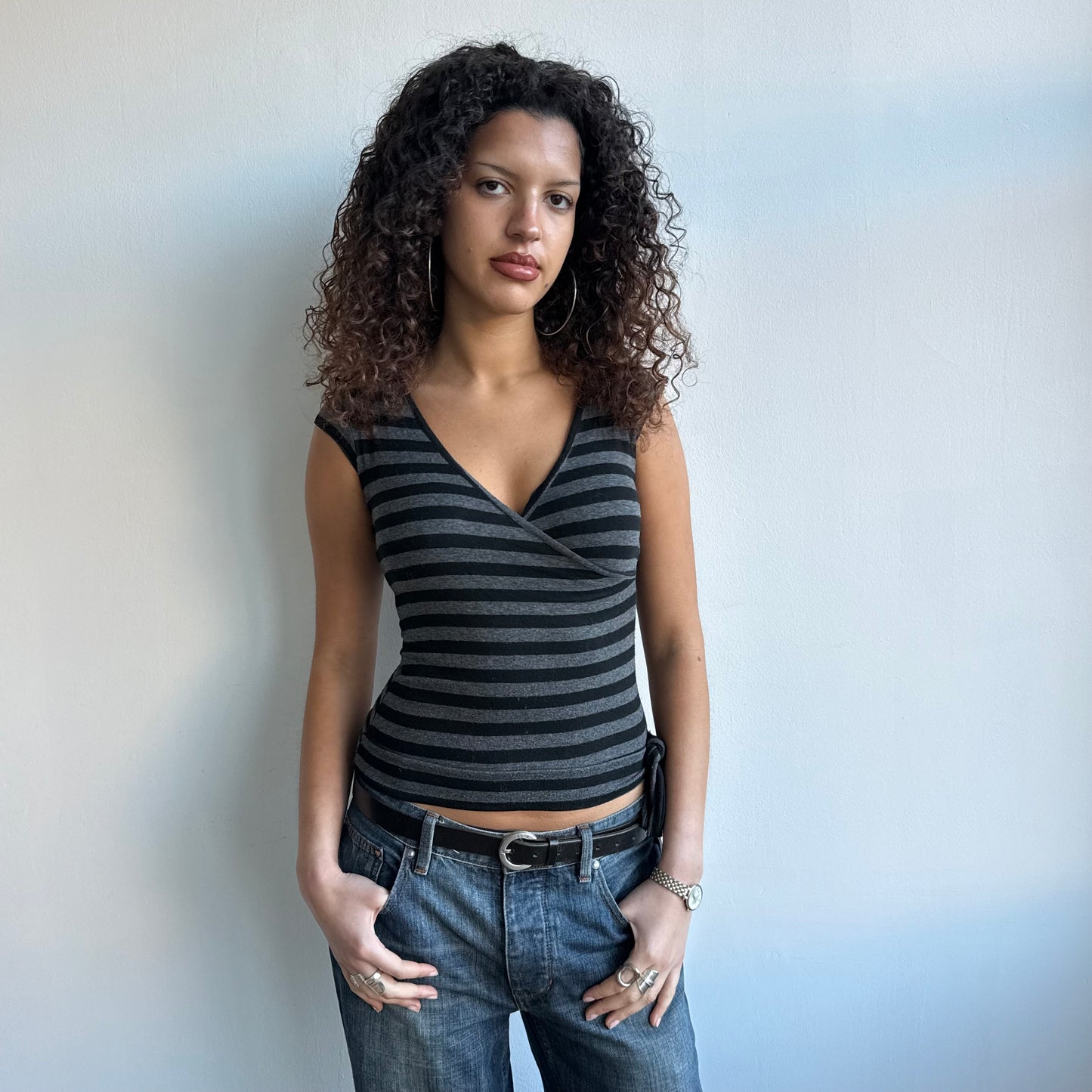 Black + grey wrap tie side top - Size S