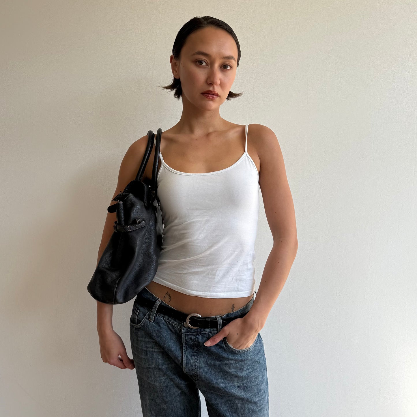 Navy leather ‘firkin’ bag - One Size