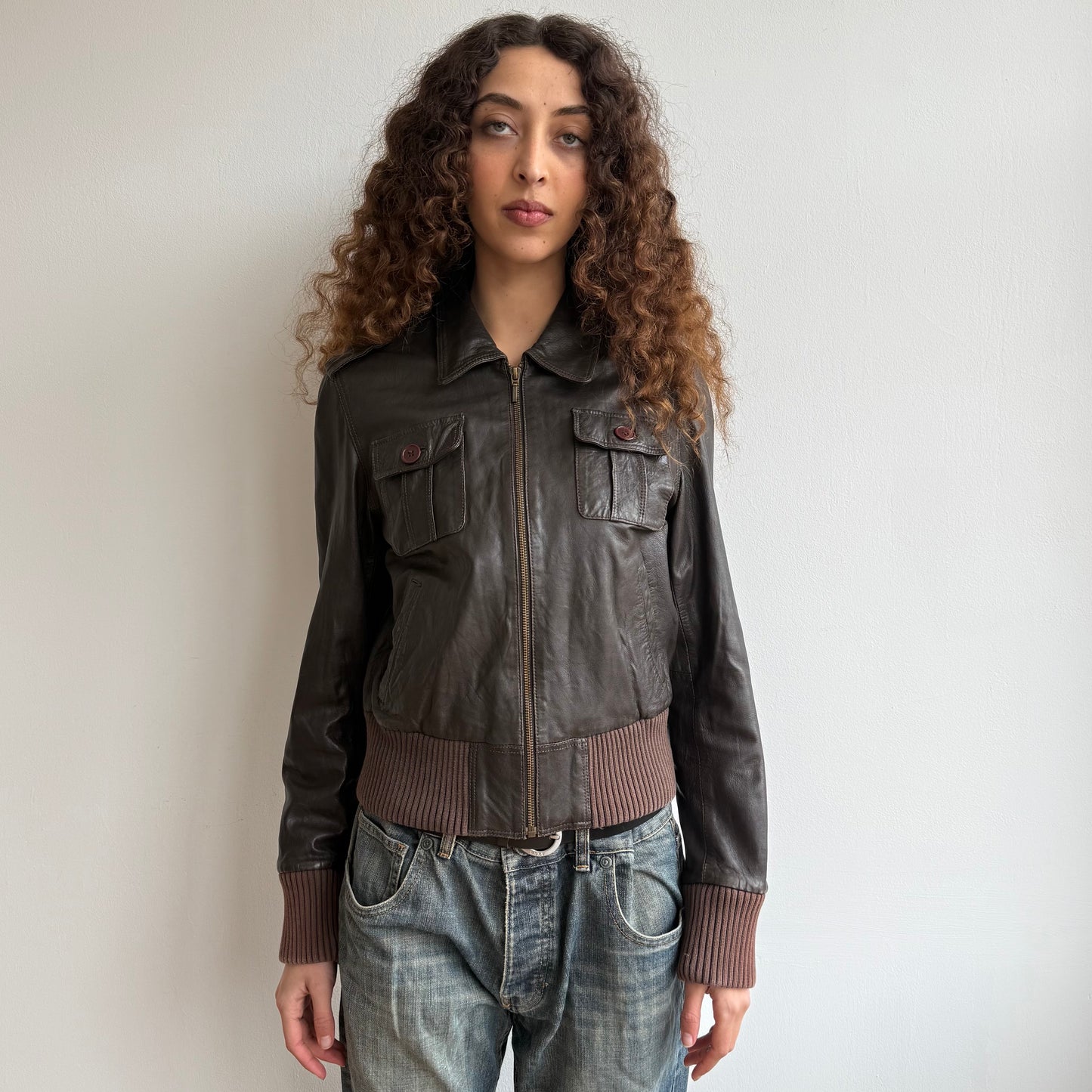 Brown leather bomber jacket - Size S
