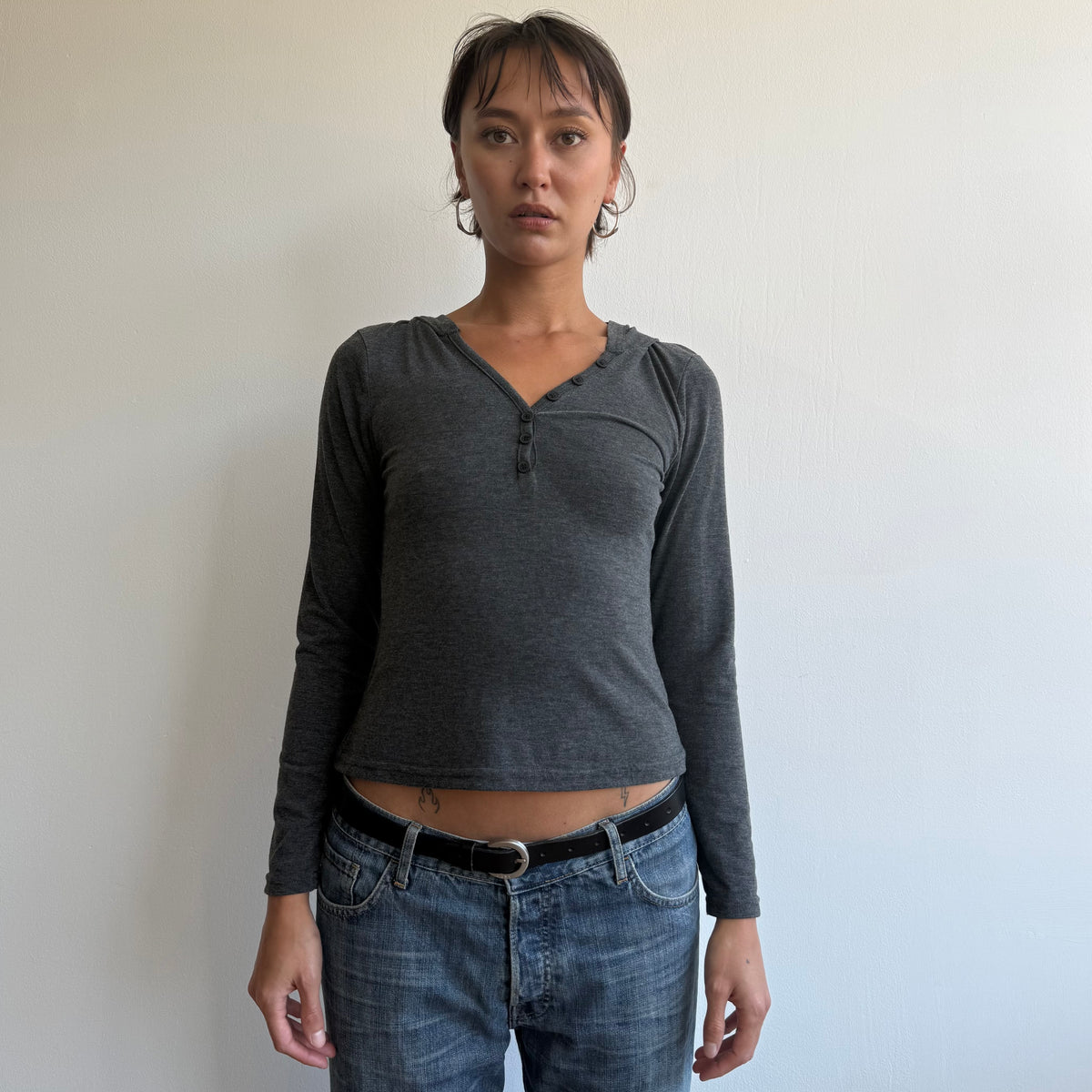 Charcoal hooded long sleeve top - Size S