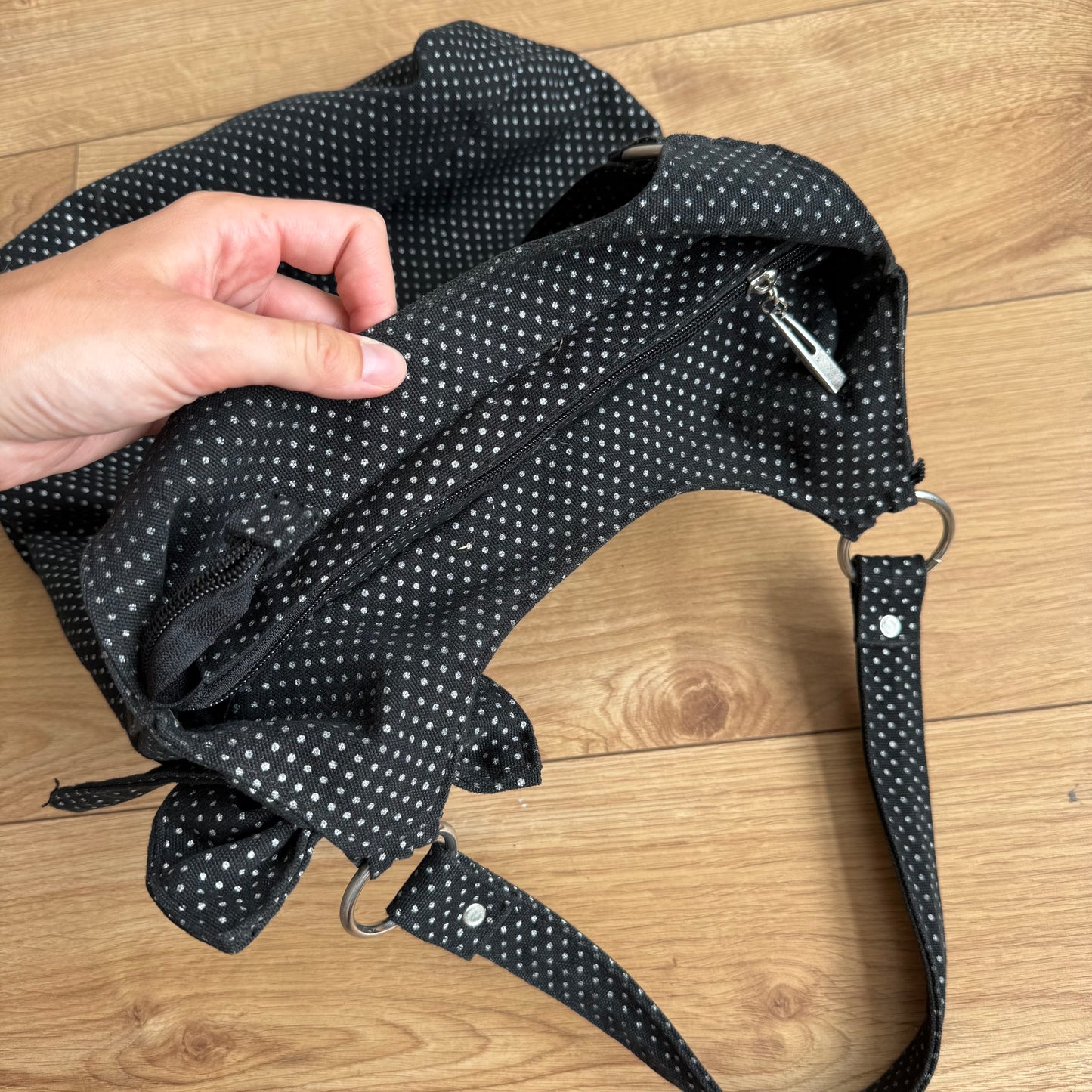 Black polka dot tote bag