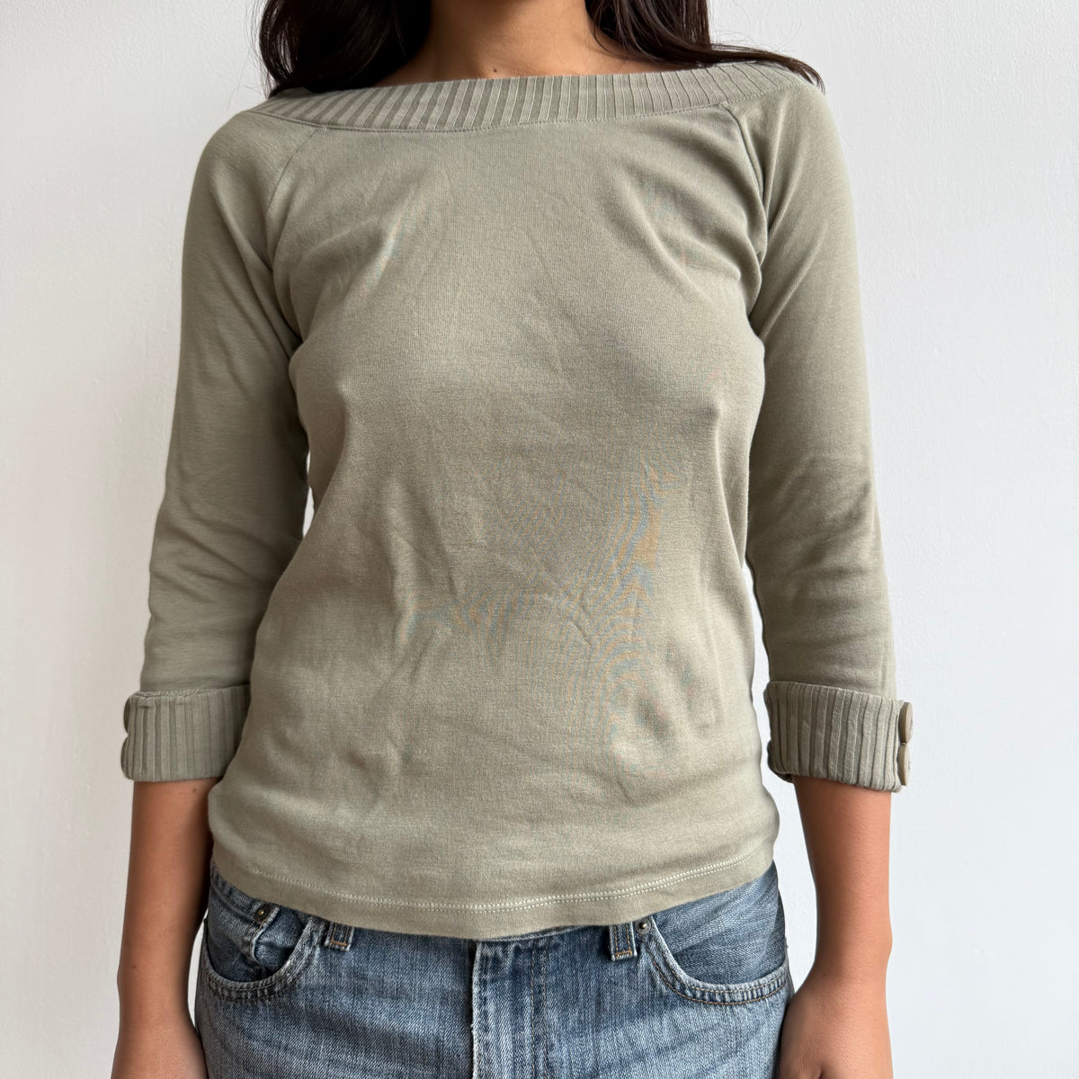 Khaki 3/4 sleeve button top - Size M
