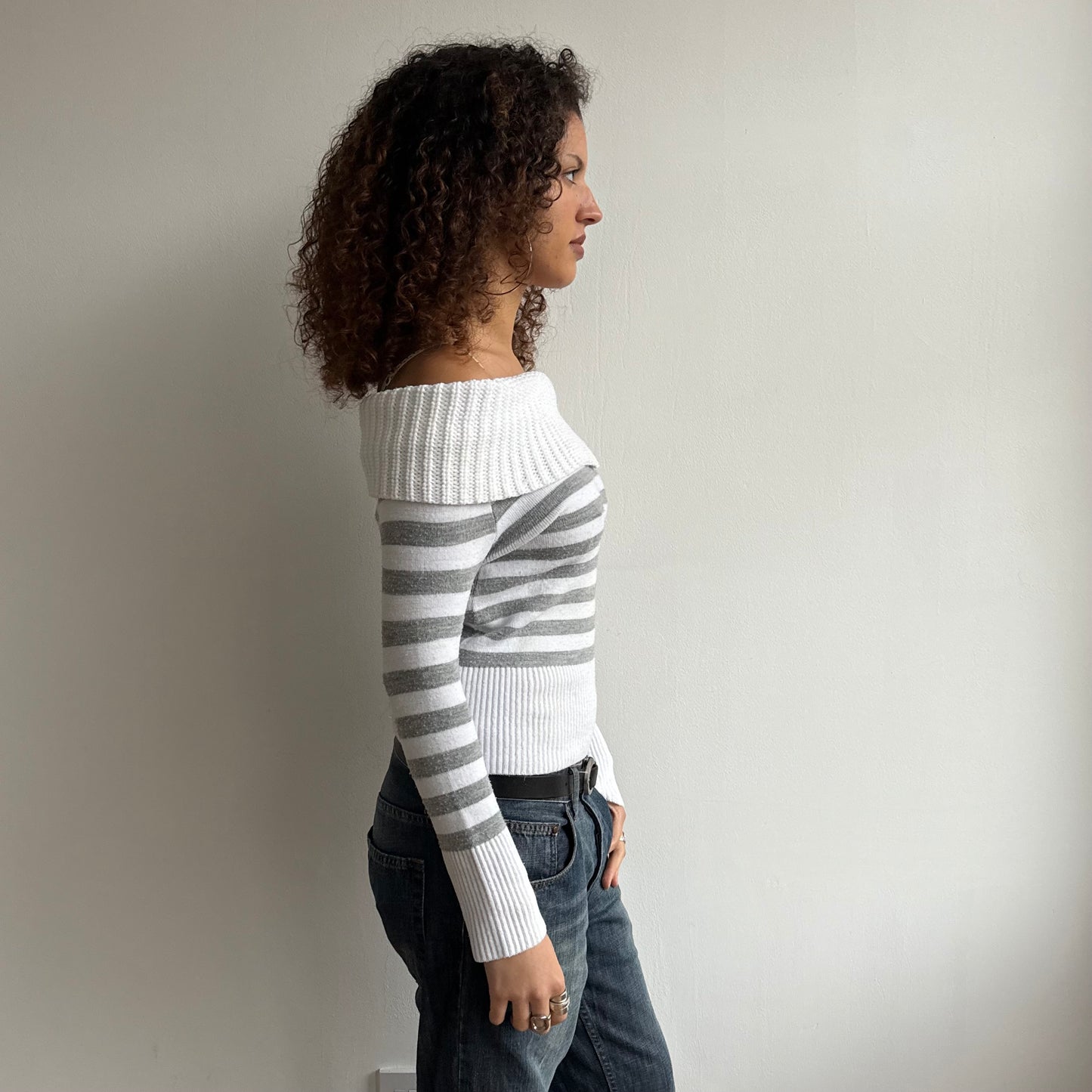 Grey + white striped Bardot knit - Size M