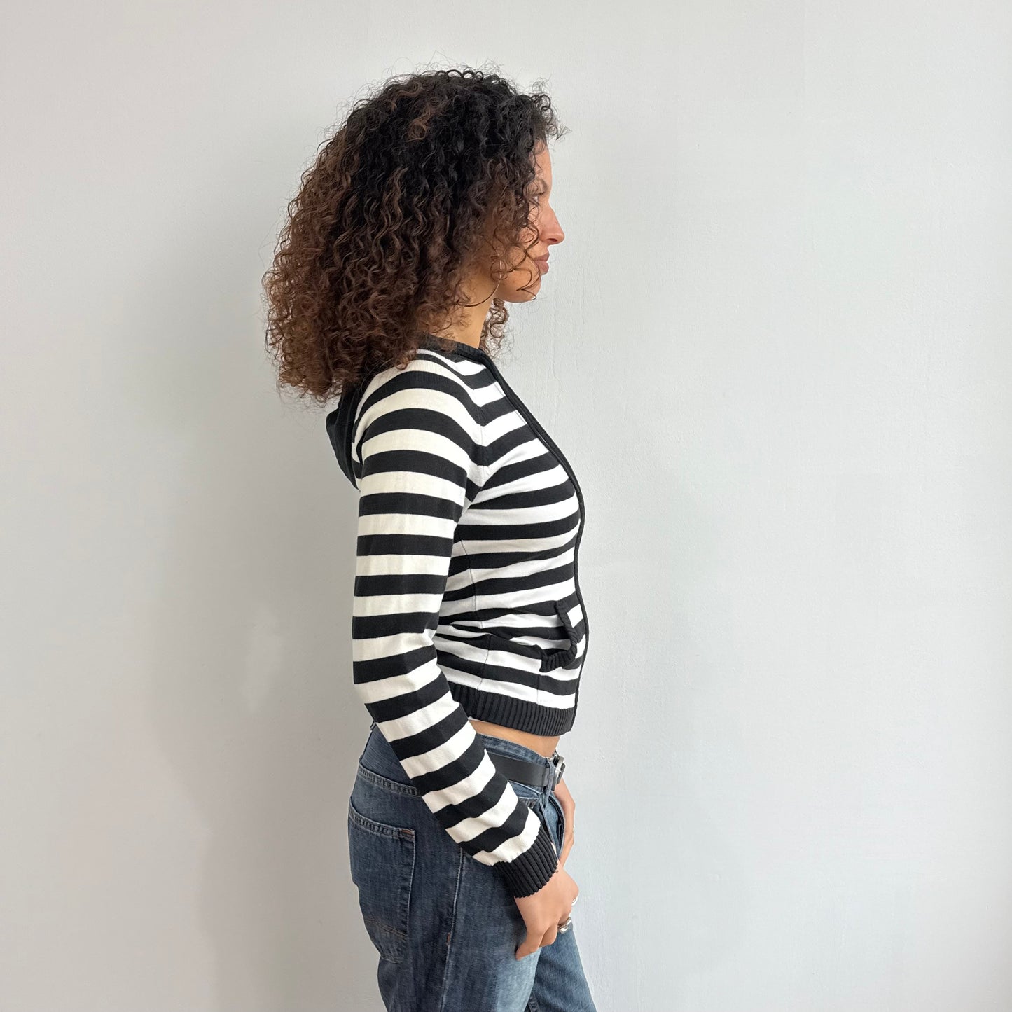 Black + white striped knit hoodie - Size S