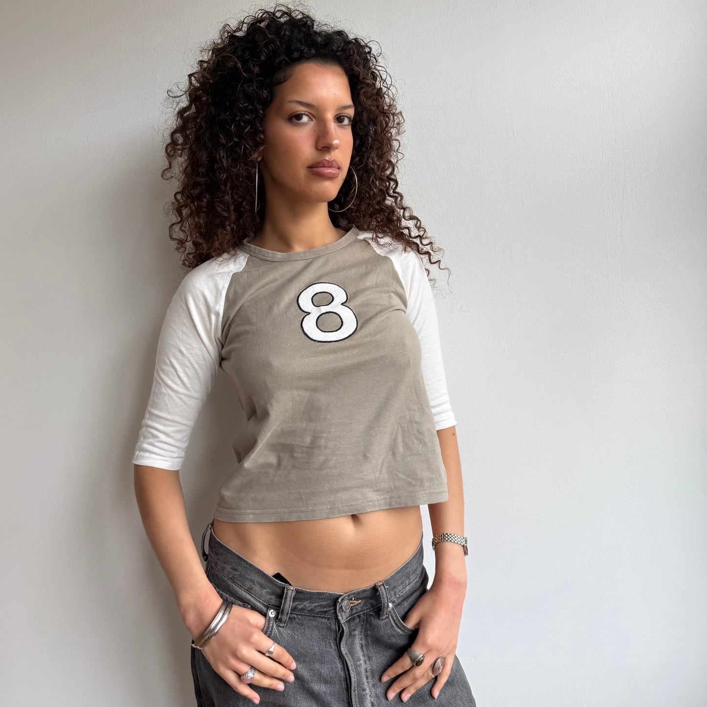 Khaki ‘8’ 3/4 sleeve top - Size S