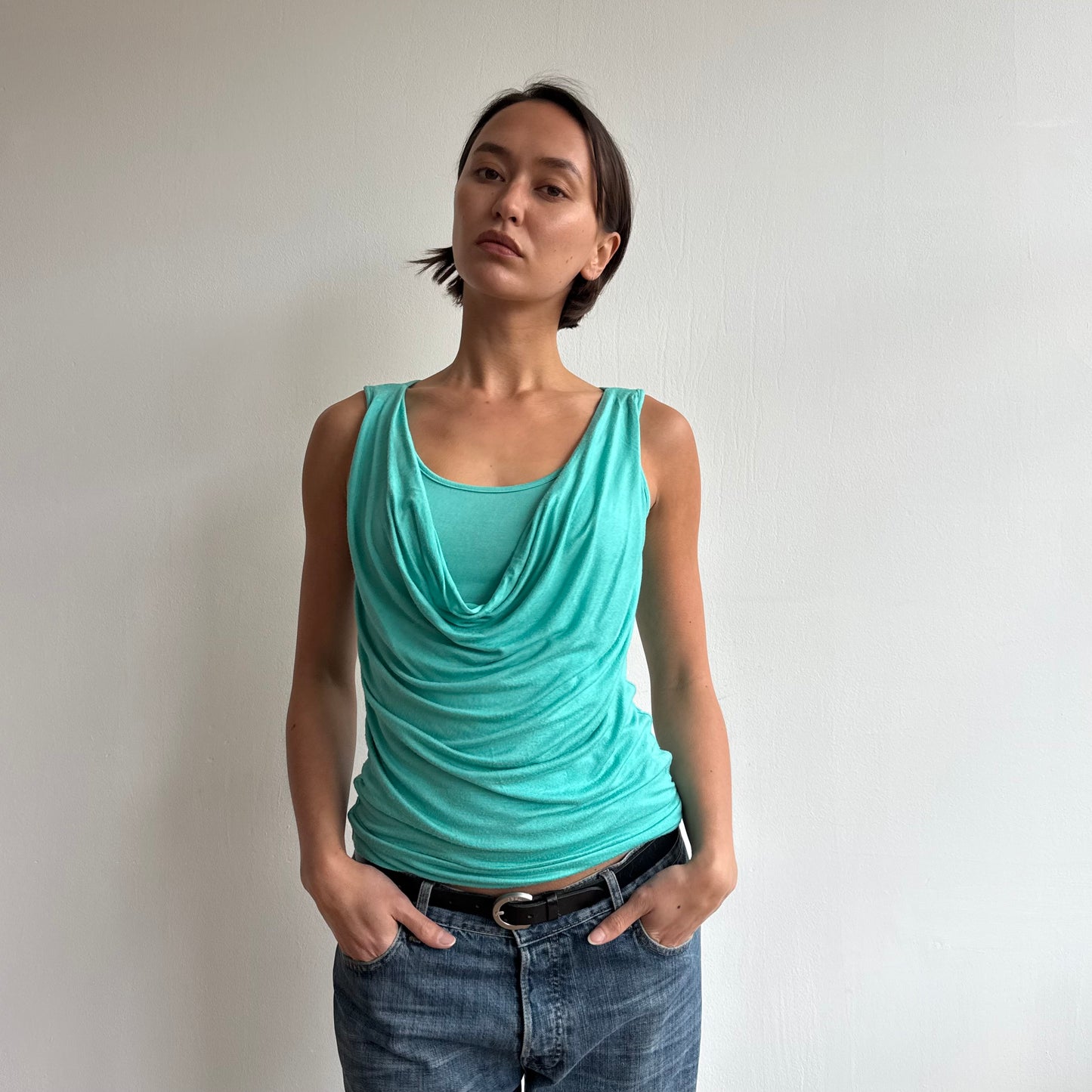 Teal double layer cowl top - Size S