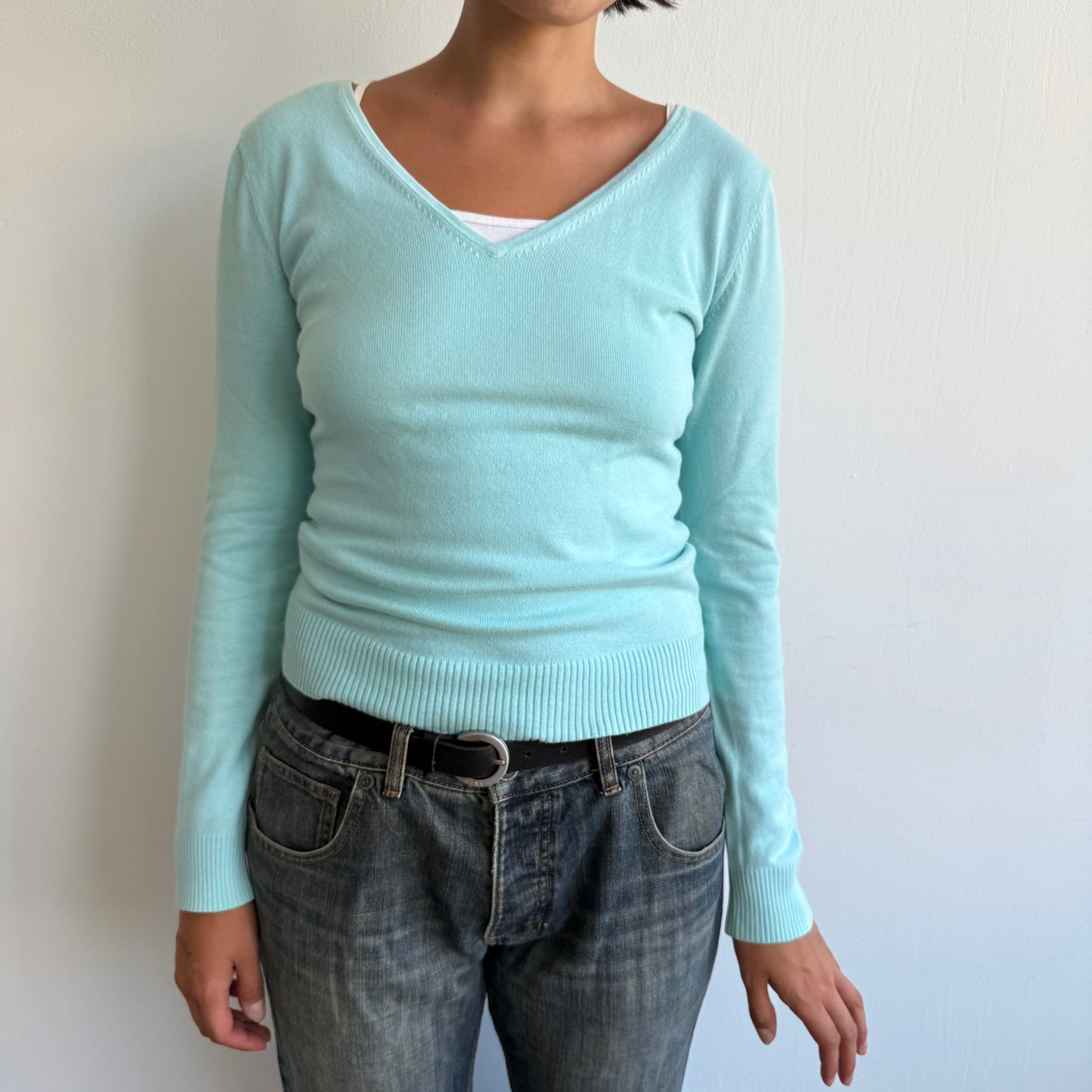 Turquoise v-neck knit jumper - Size S