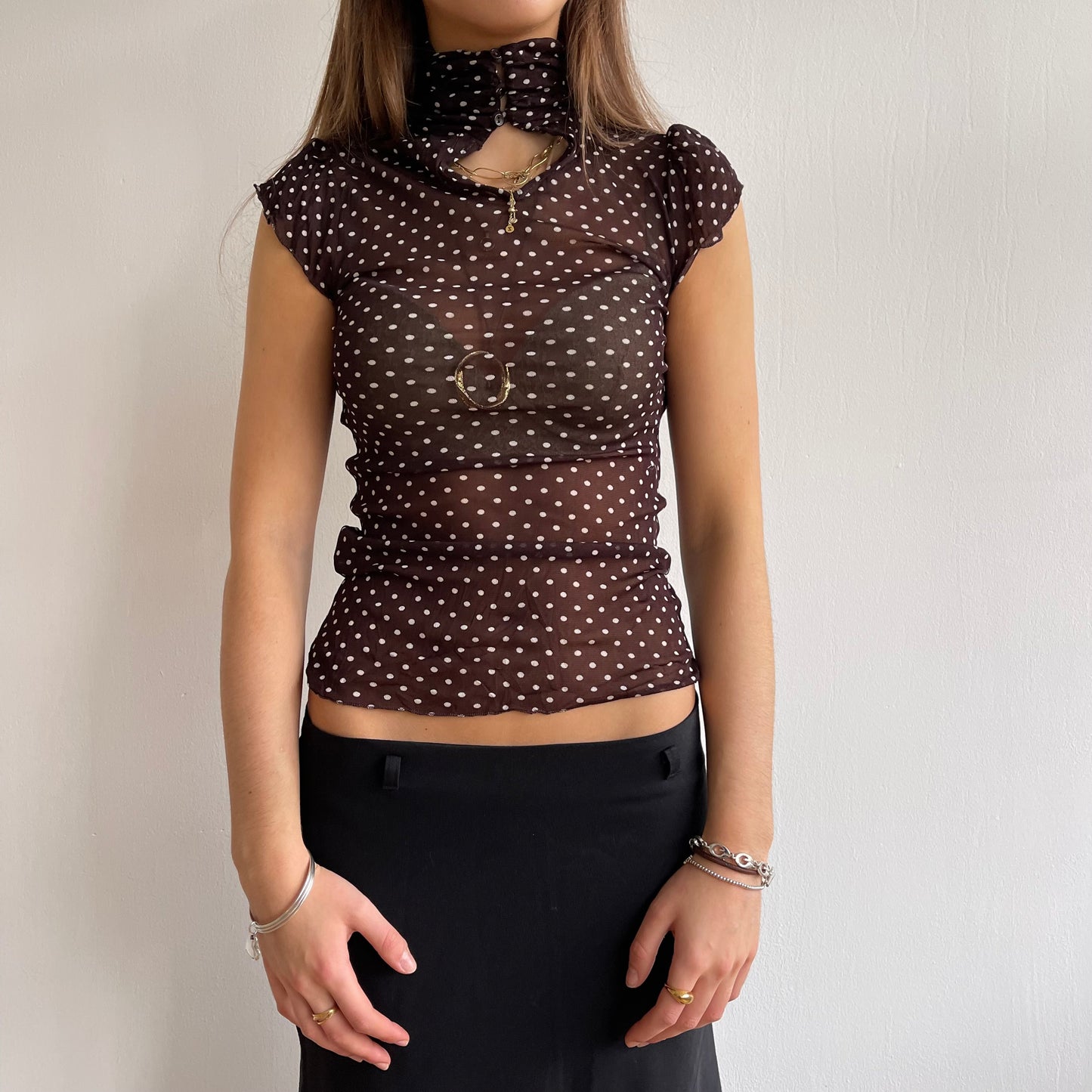 Brown polka dot mesh top - Size S