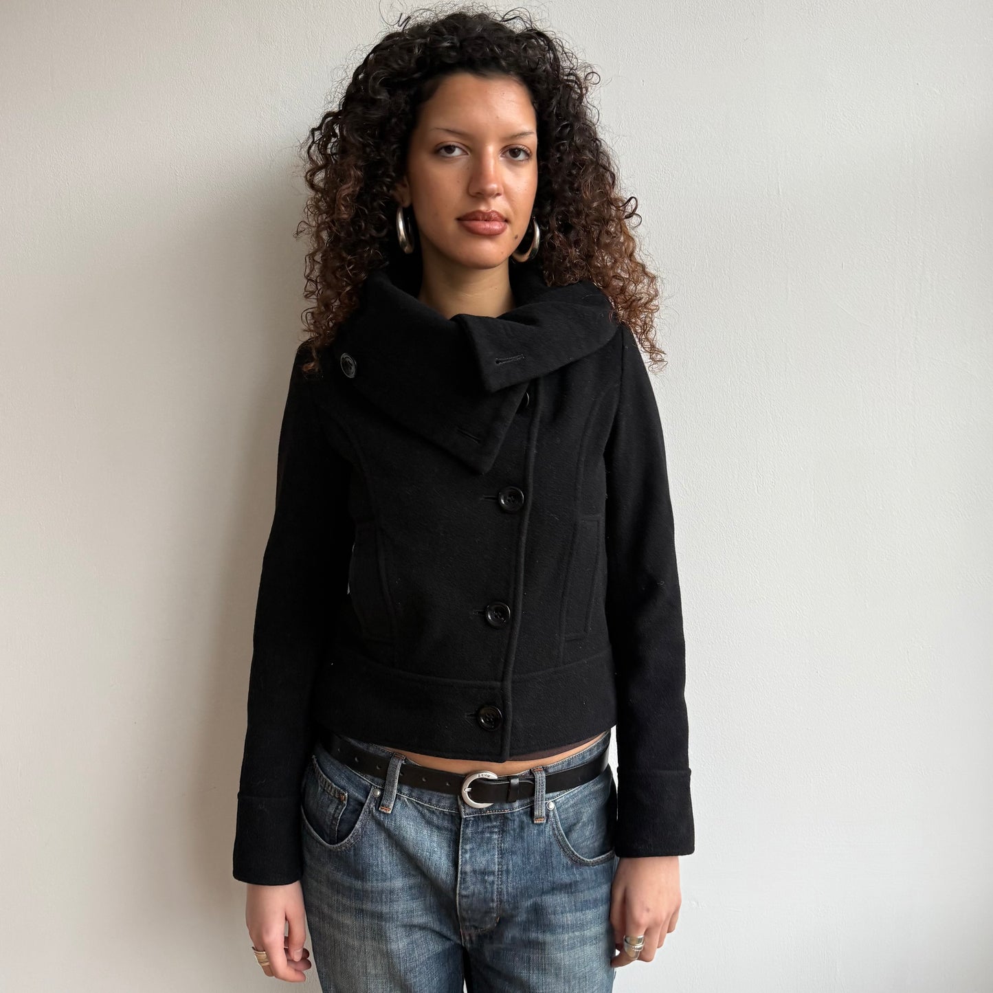 Black asymmetric funnel neck coat - Size S