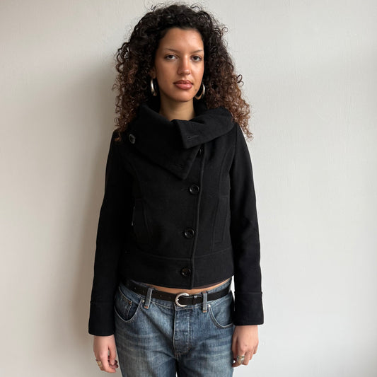 Black asymmetric funnel neck coat - Size S