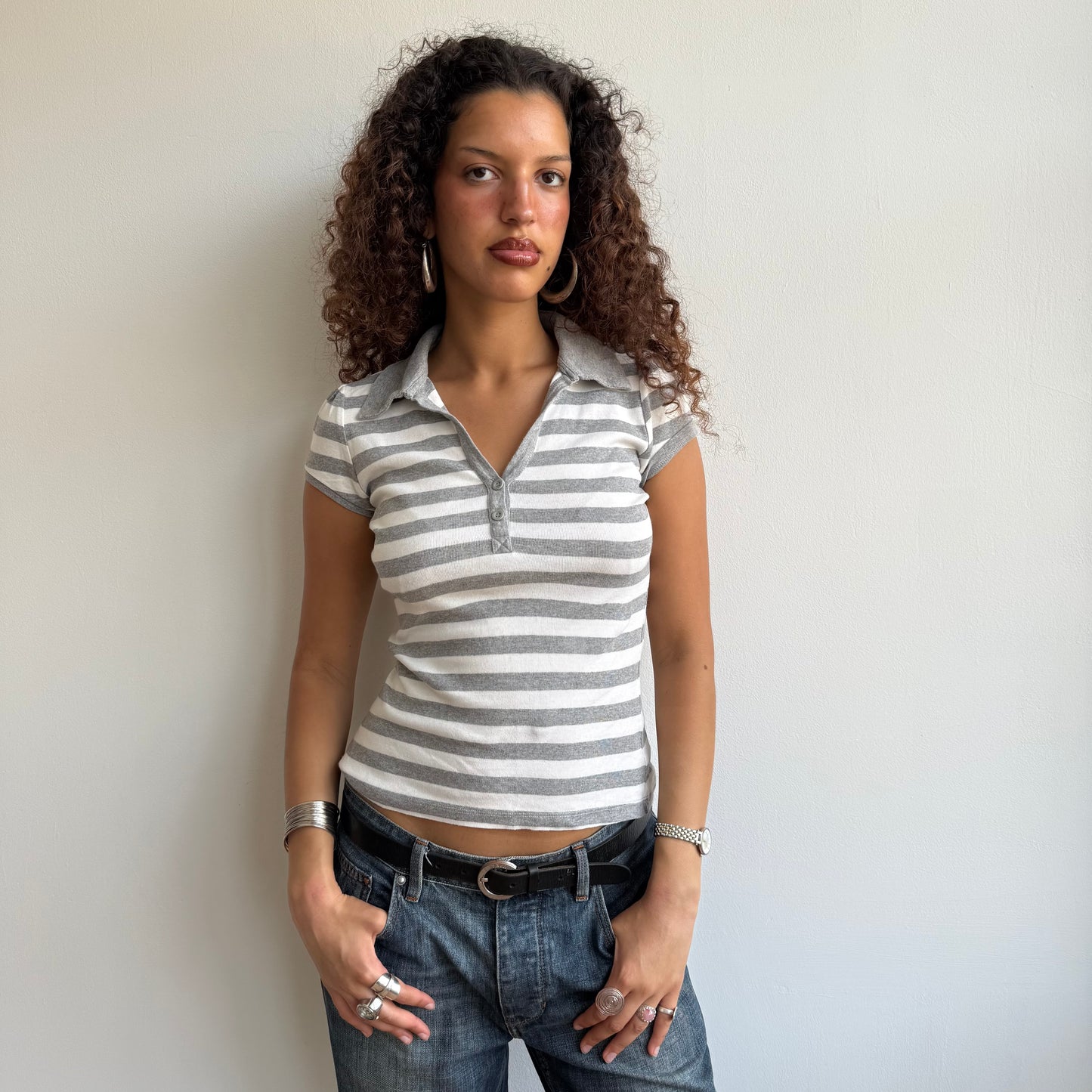 Grey + white striped polo - Size S/M