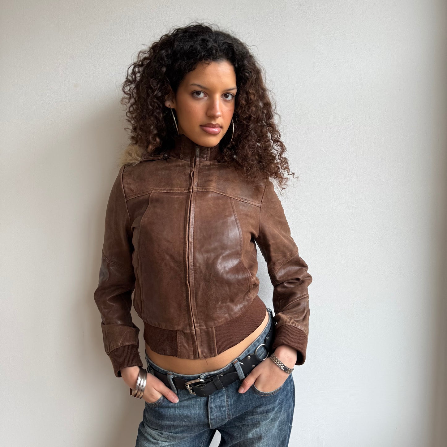 Brown leather bomber - Size S