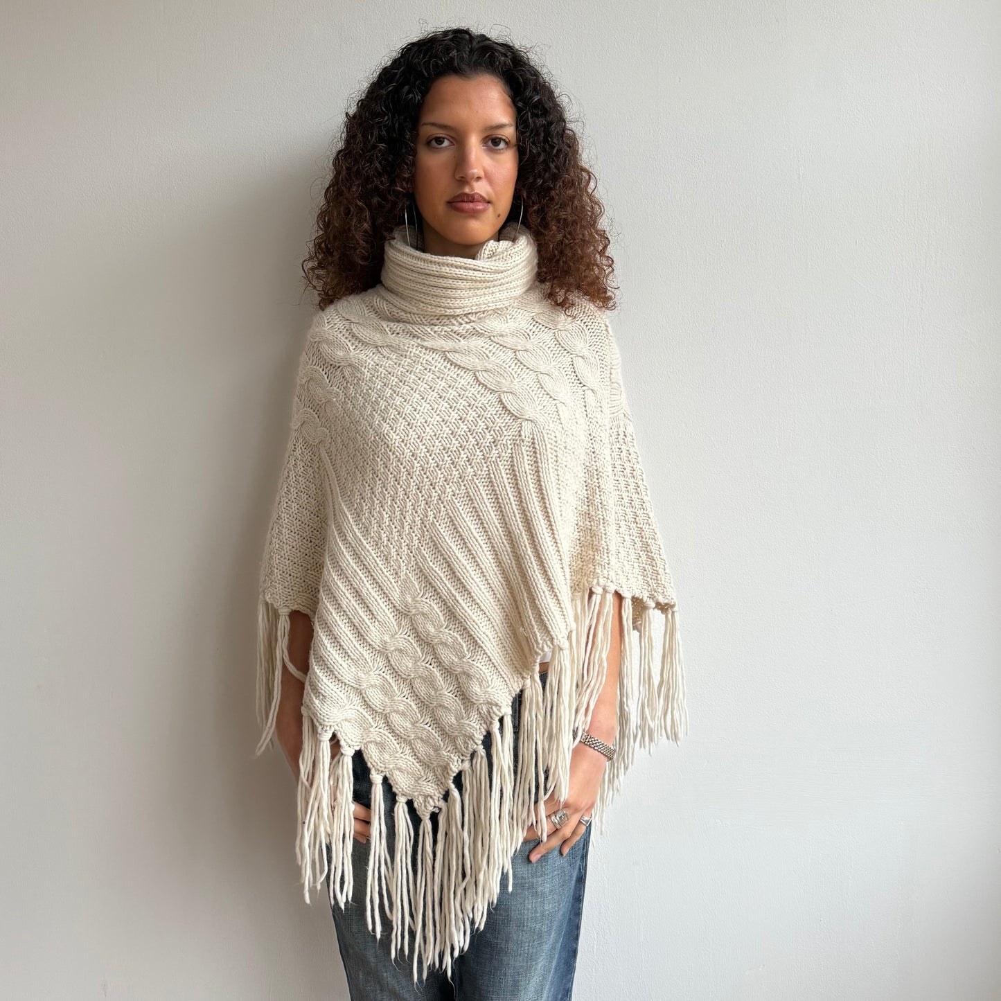Cream tassel poncho - One Size