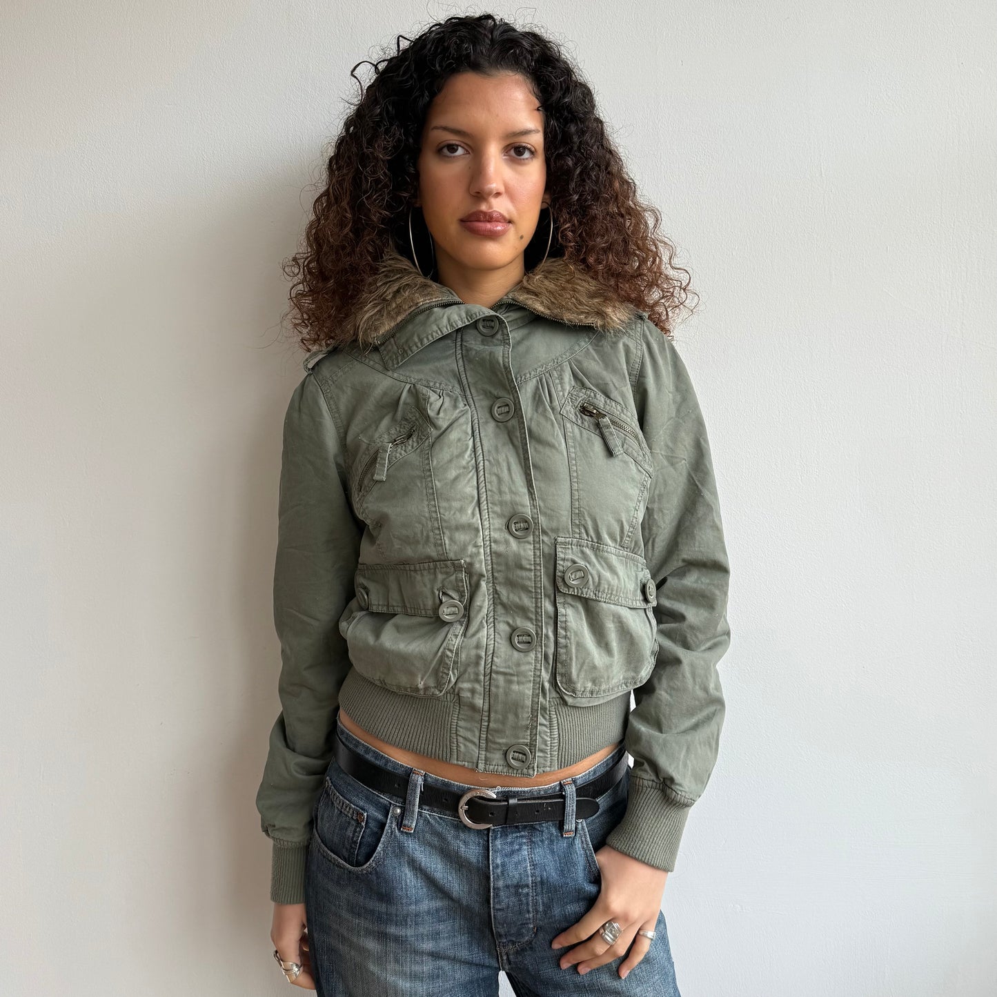 Khaki fur bomber jacket - Size M