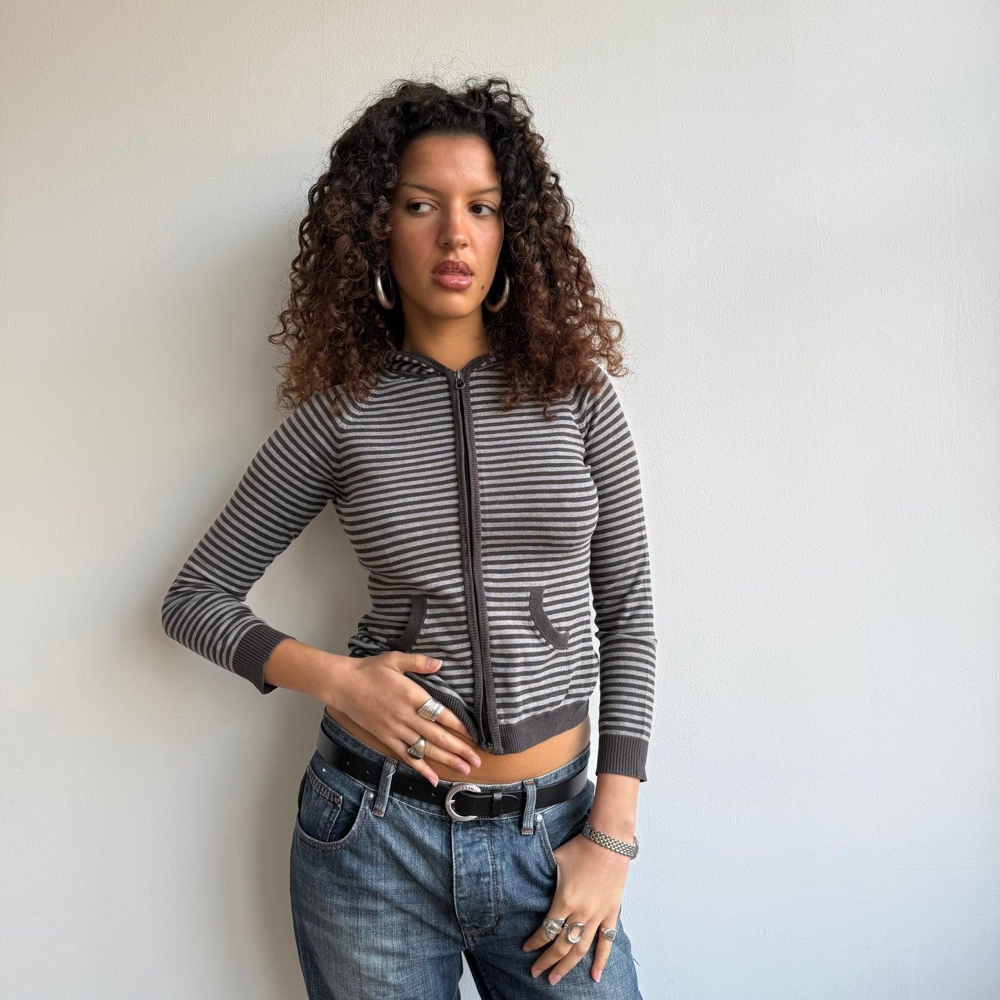 Brown + grey striped hoodie - Size XS/S