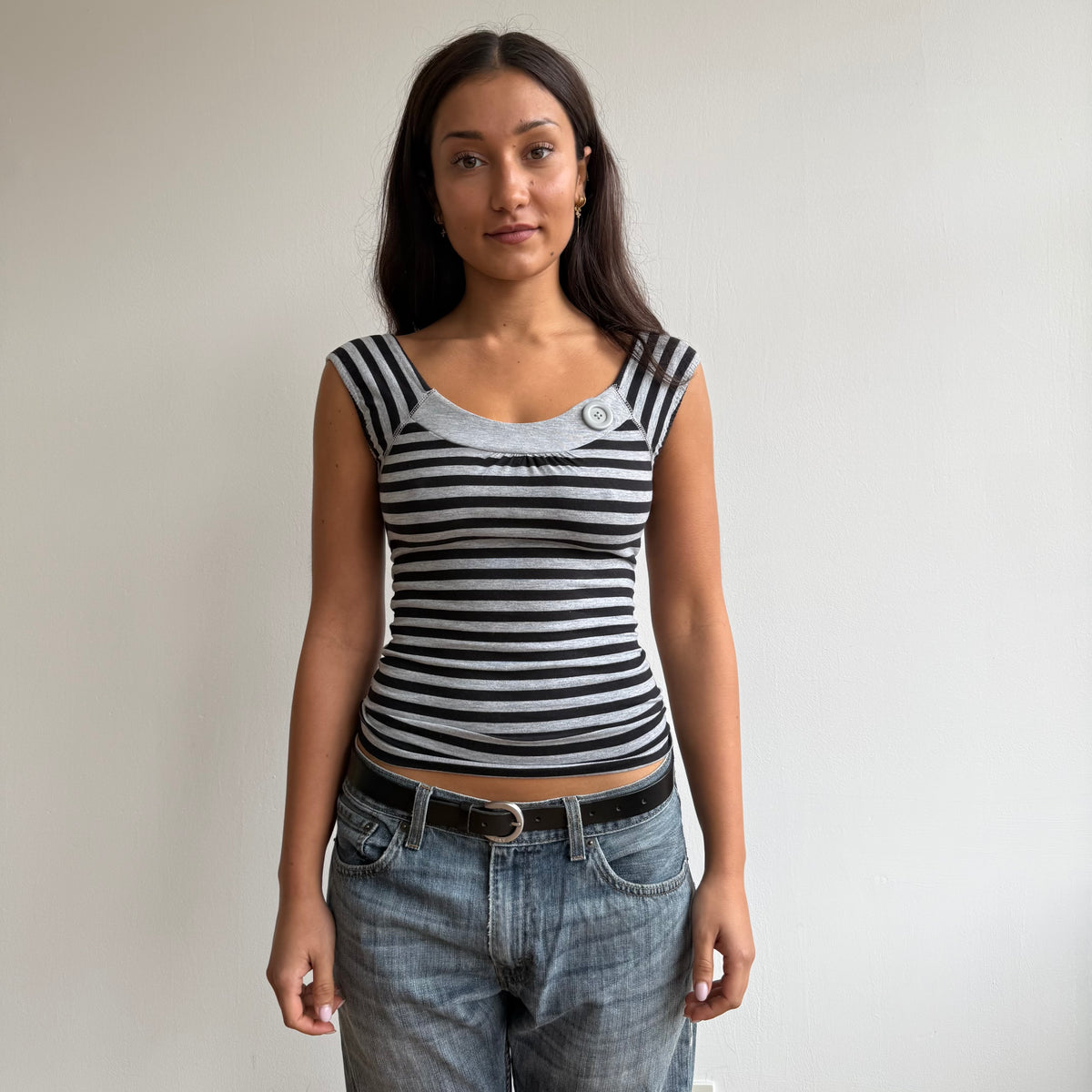 Grey stripe button top - Size XS + S/M