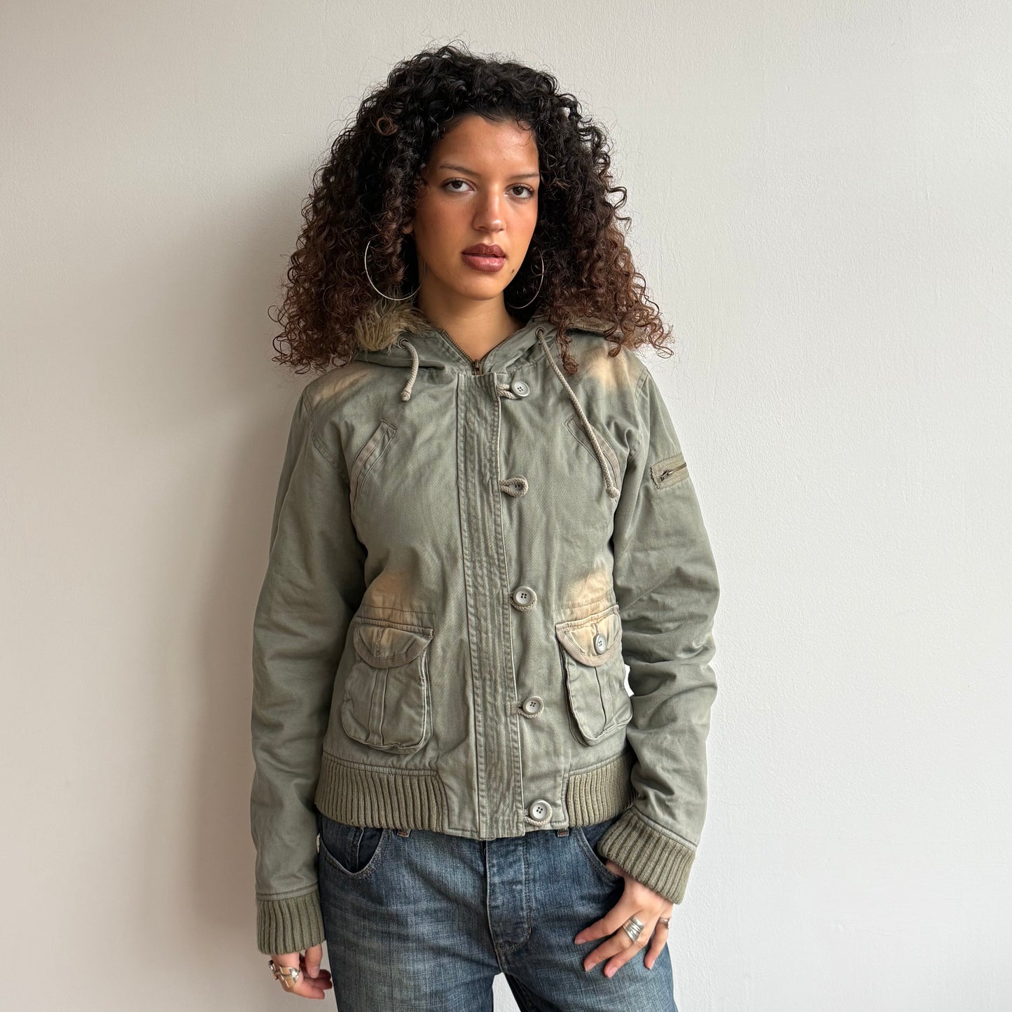 Khaki fur hood bomber - Size M
