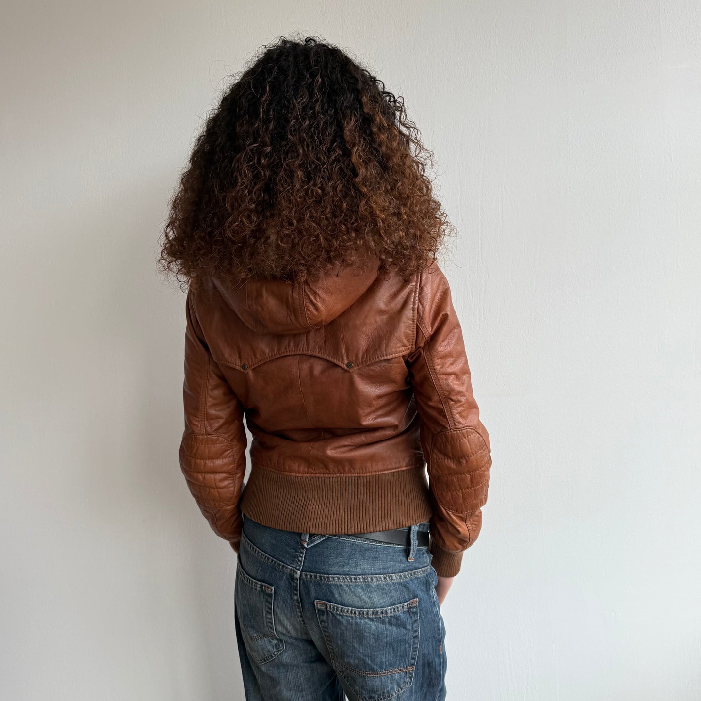 Brown leather real fur bomber - Size M